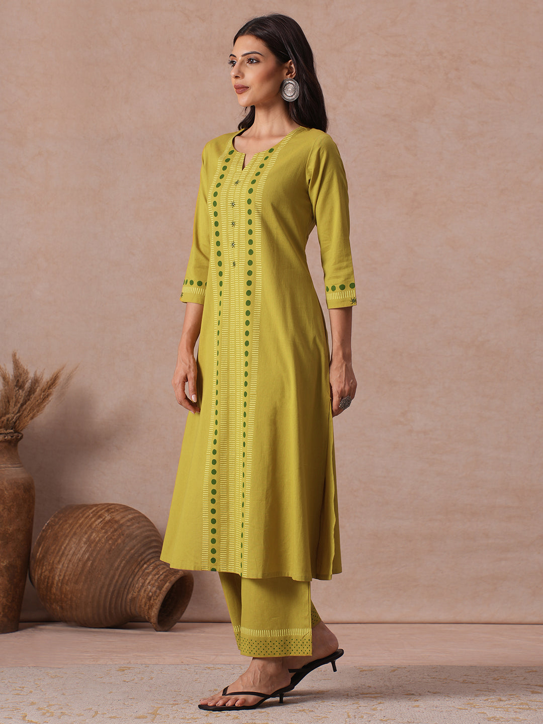 A-Line Cotton Flex Kurta Set with Hand Block Print, Mirror Work & Matching Palazoo.