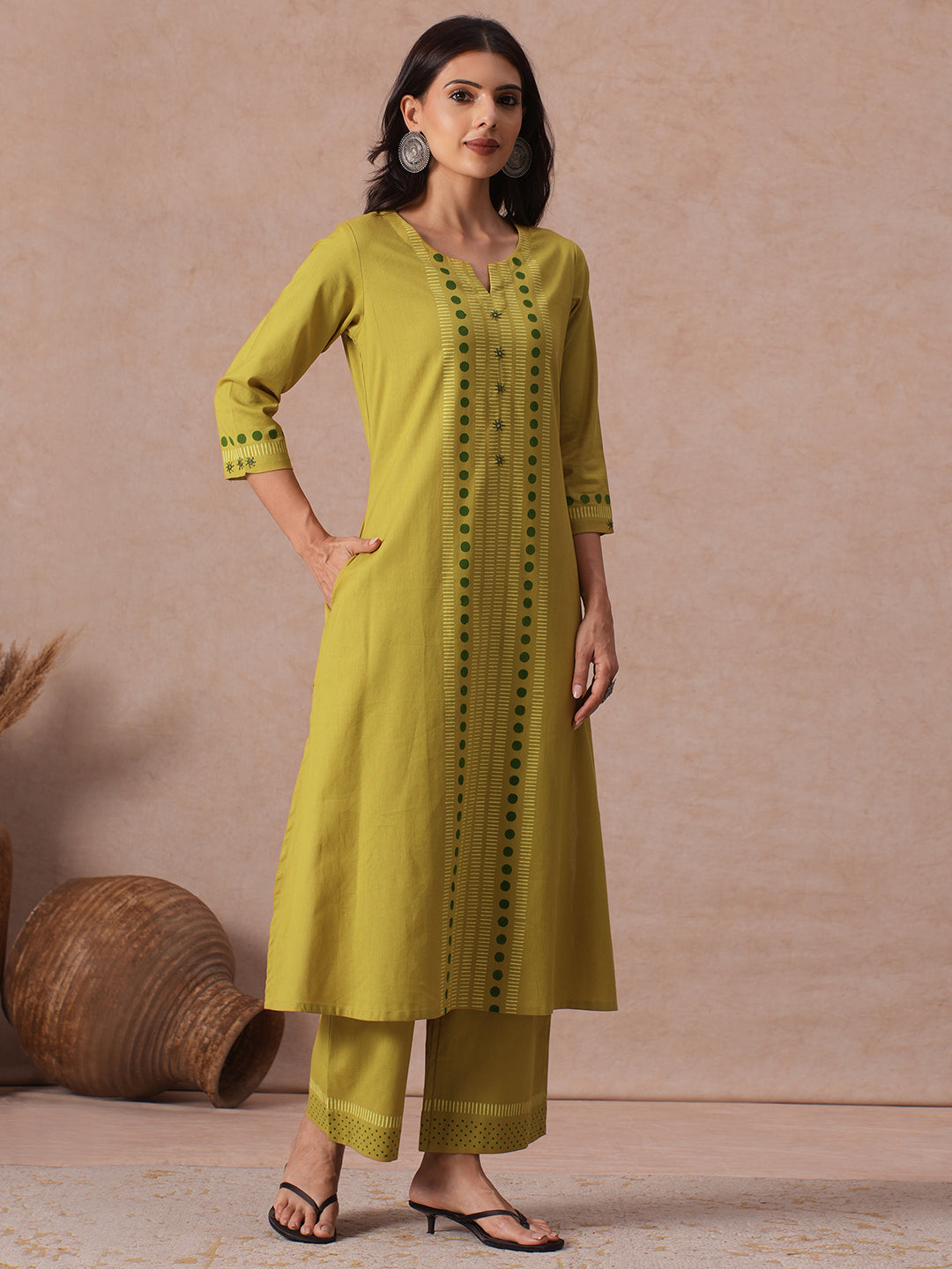 A-Line Cotton Flex Kurta Set with Hand Block Print, Mirror Work & Matching Palazoo.