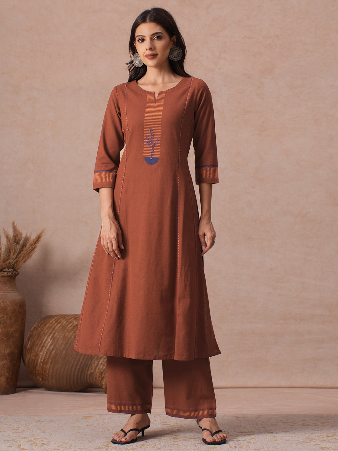 Pocketed A-Line Cotton Flex Kurta set with Block Print and Handwork Paired with Palazoo.
