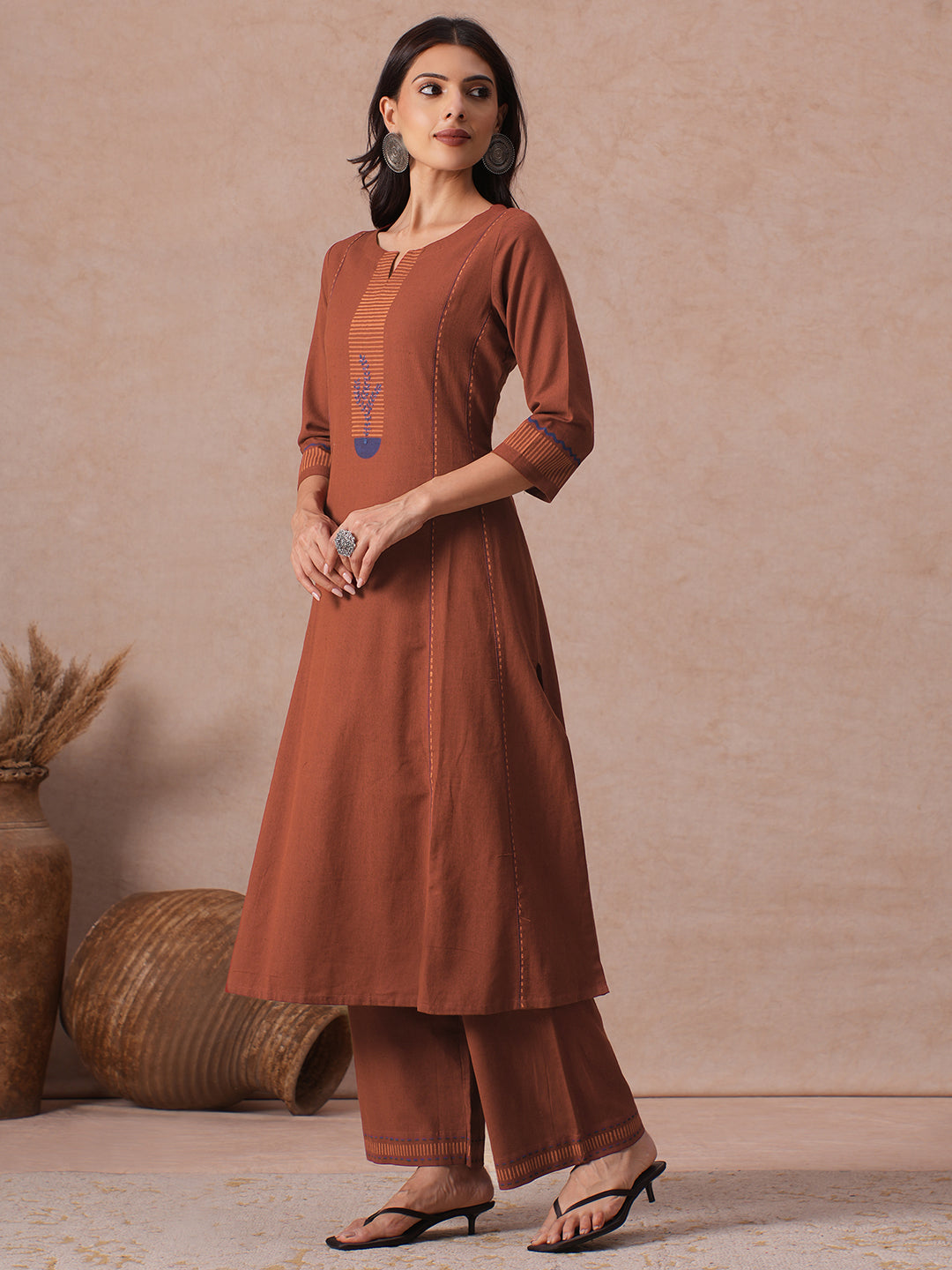 Pocketed A-Line Cotton Flex Kurta set with Block Print and Handwork Paired with Palazoo.