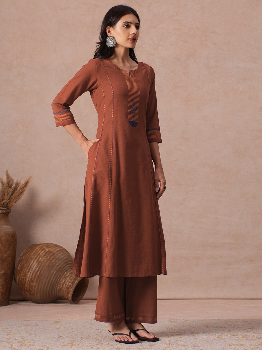 Pocketed A-Line Cotton Flex Kurta set with Block Print and Handwork Paired with Palazoo.