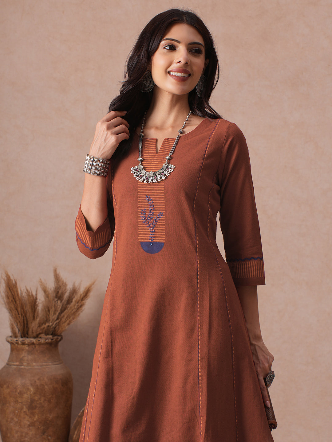 Pocketed A-Line Cotton Flex Kurta set with Block Print and Handwork Paired with Palazoo.