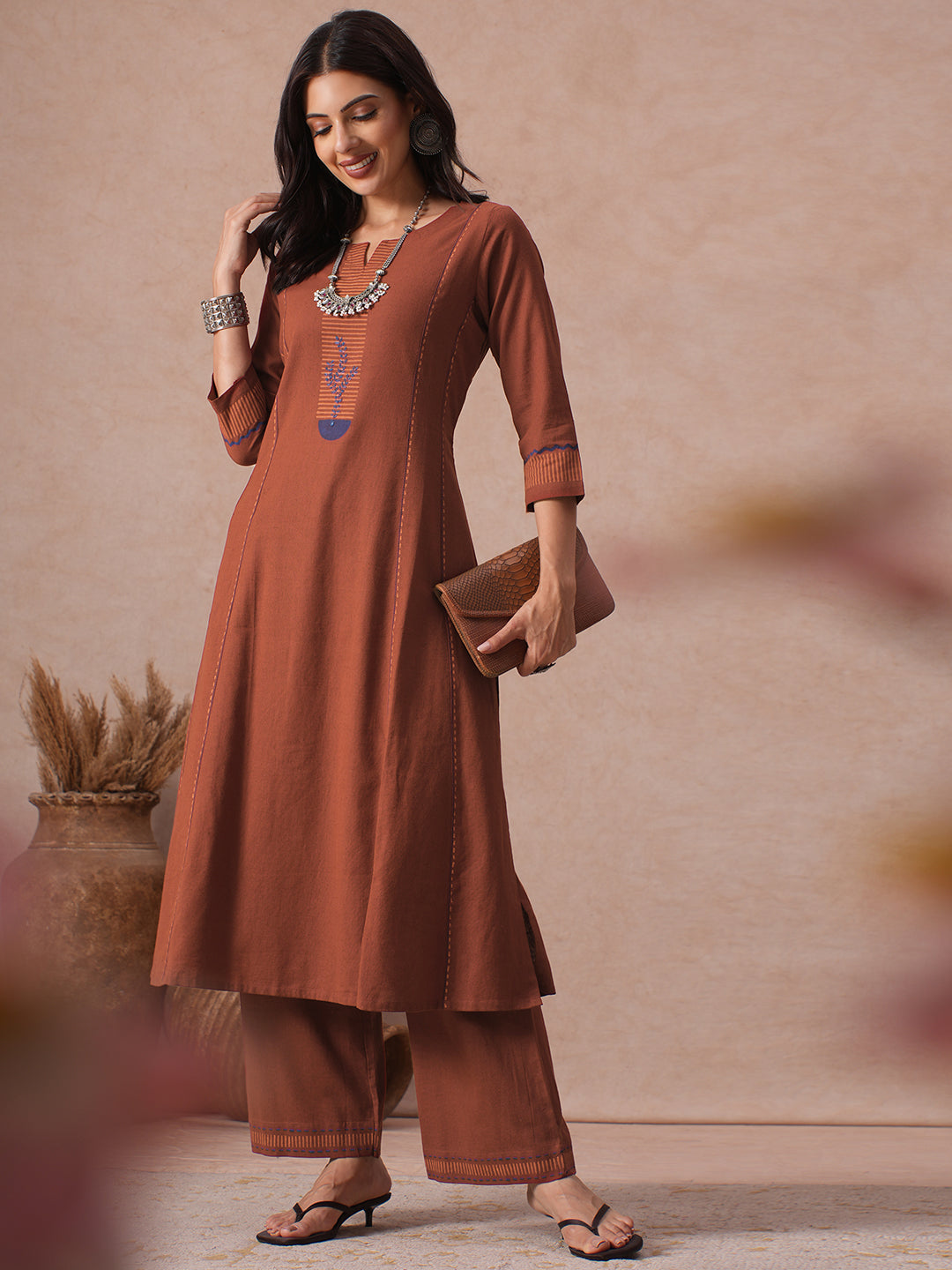 Pocketed A-Line Cotton Flex Kurta set with Block Print and Handwork Paired with Palazoo.
