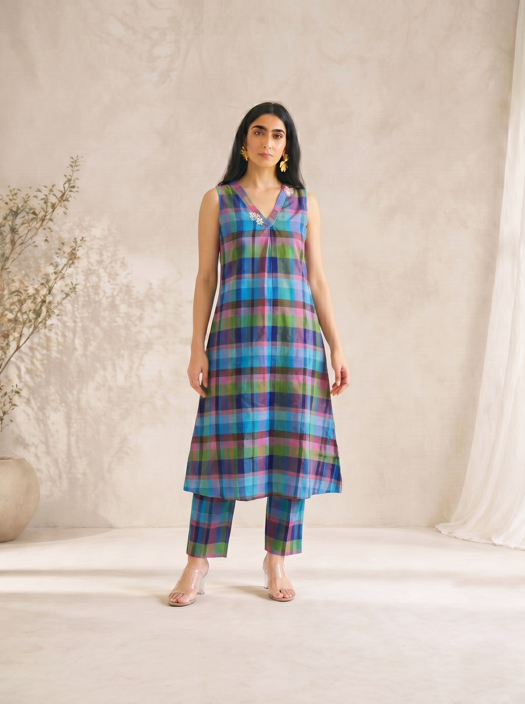 JOYLAND - Sleeveless Multicolor Checked Kurta Palazzo Set with Floral Embroidery Detail.