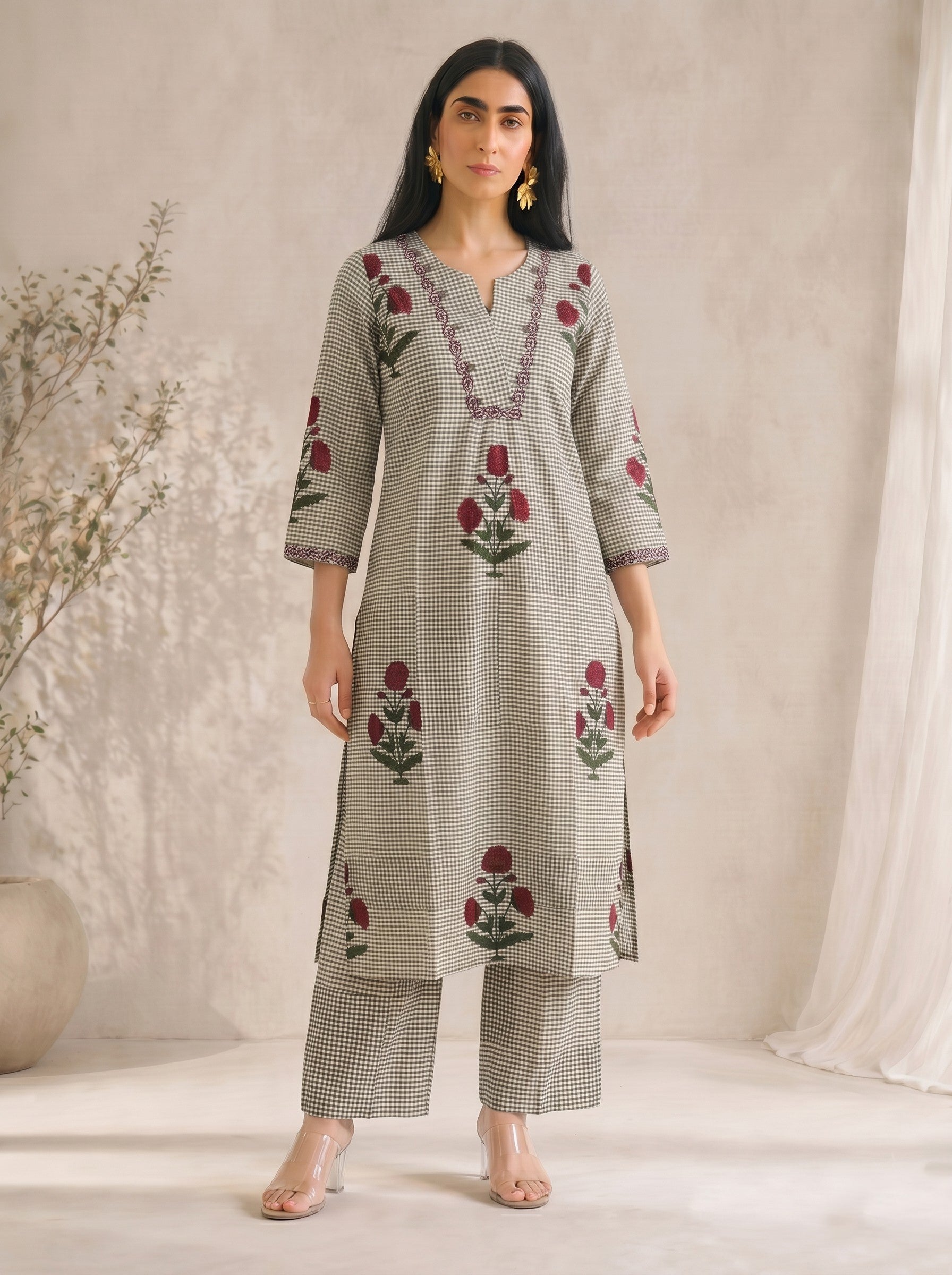 JOYLAND - Grey Checked Red Floral Printed Cotton A-Line Kurta Set with Palazzo.