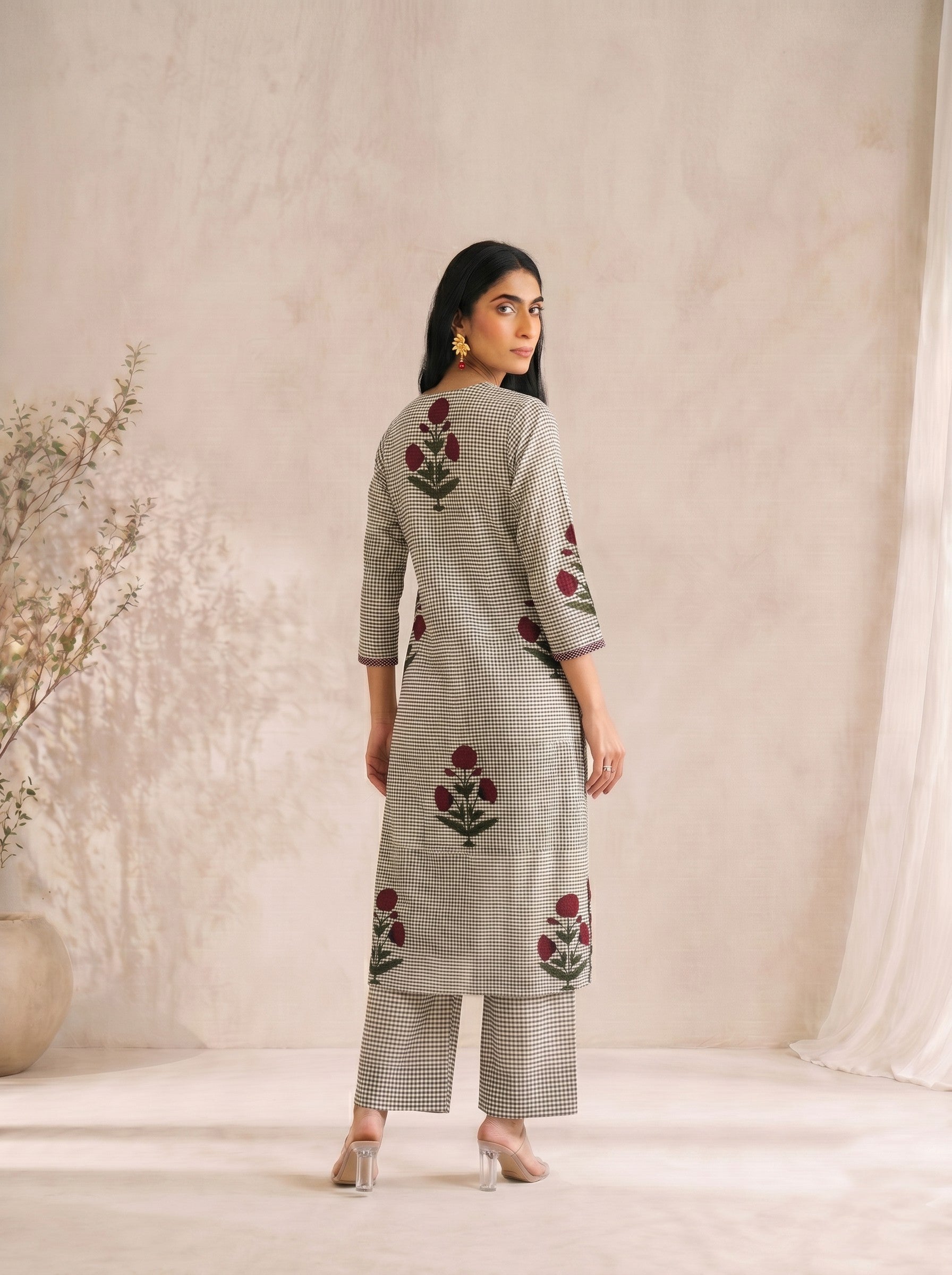 JOYLAND - Grey Checked Red Floral Printed Cotton A-Line Kurta Set with Palazzo.