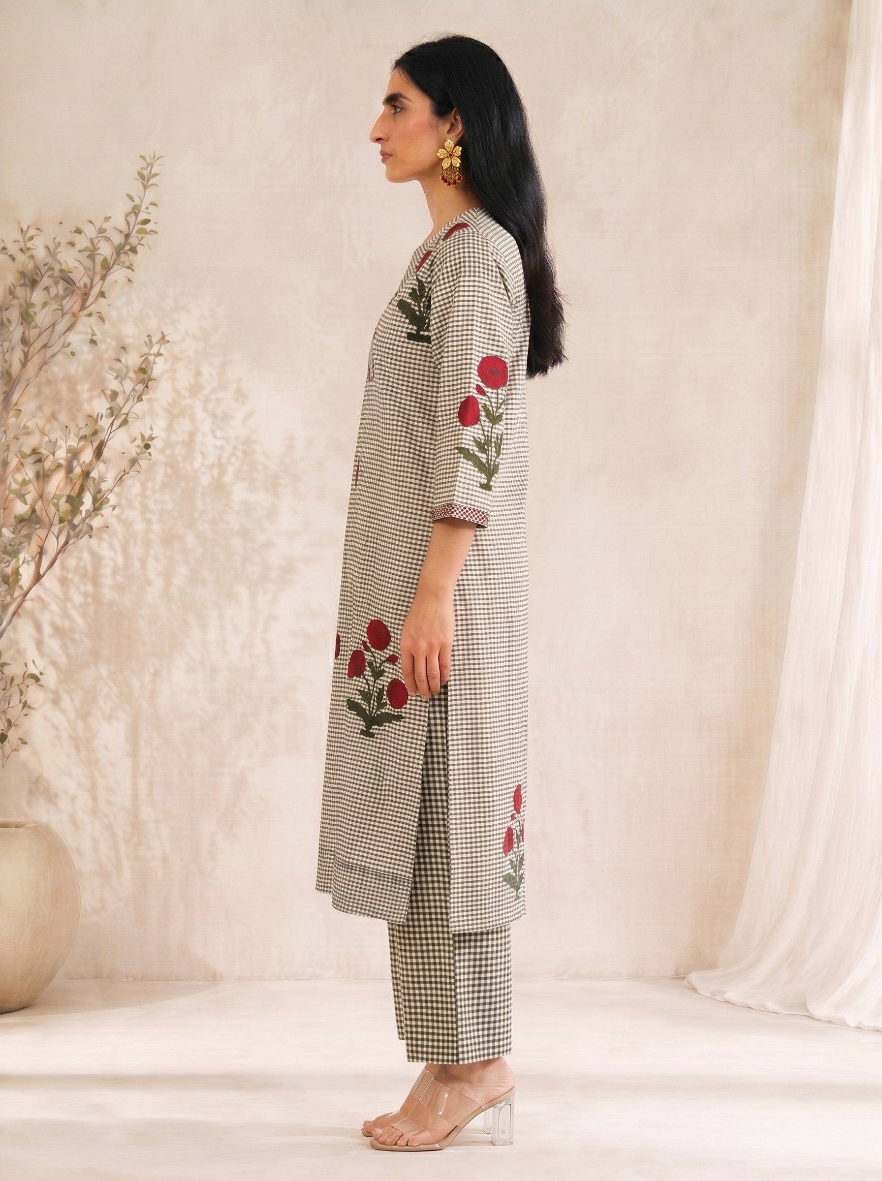 JOYLAND - Grey Checked Red Floral Printed Cotton A-Line Kurta Set with Palazzo.