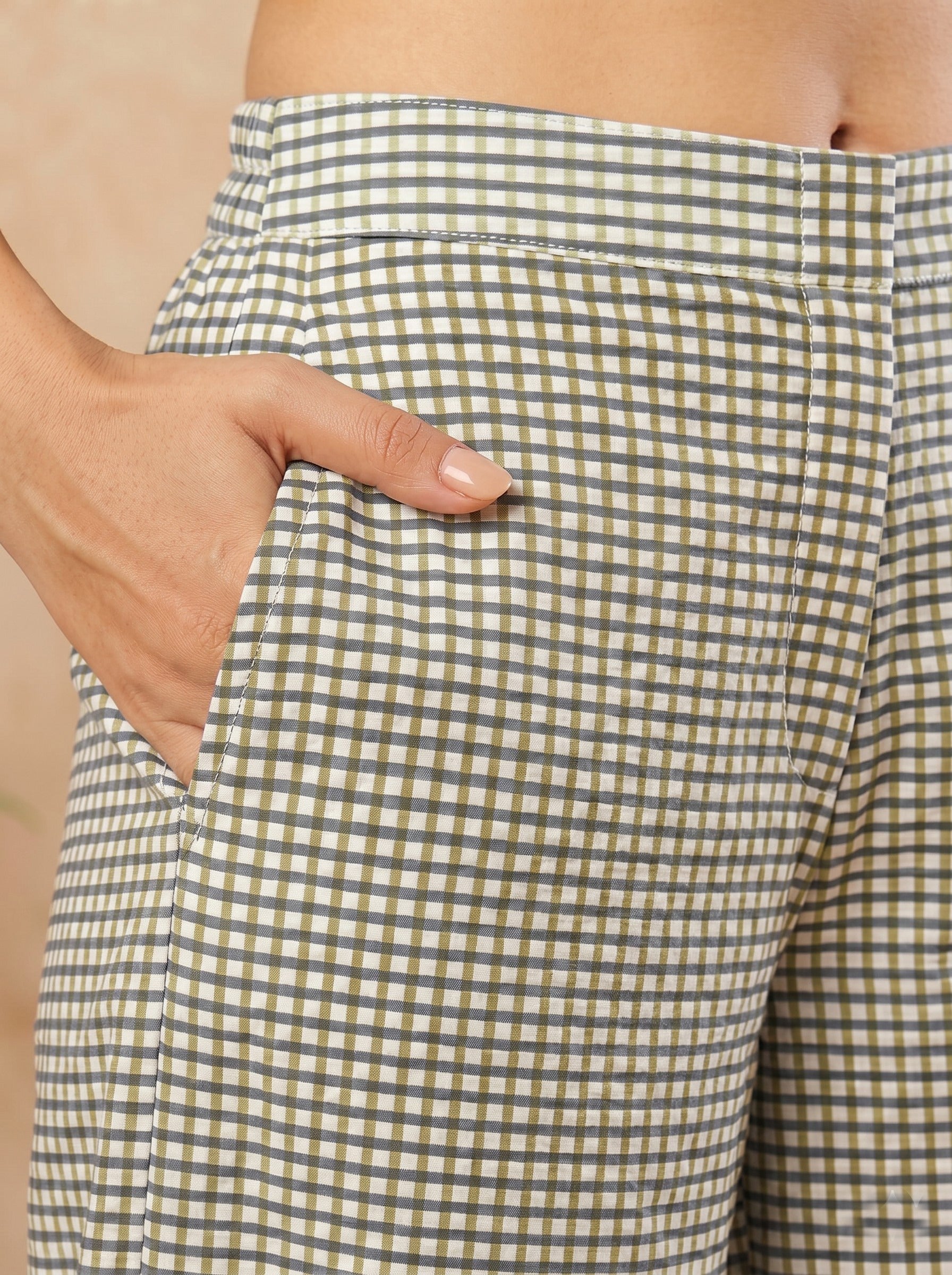 JOYLAND - Grey Checked Red Floral Printed Cotton A-Line Kurta Set with Palazzo.