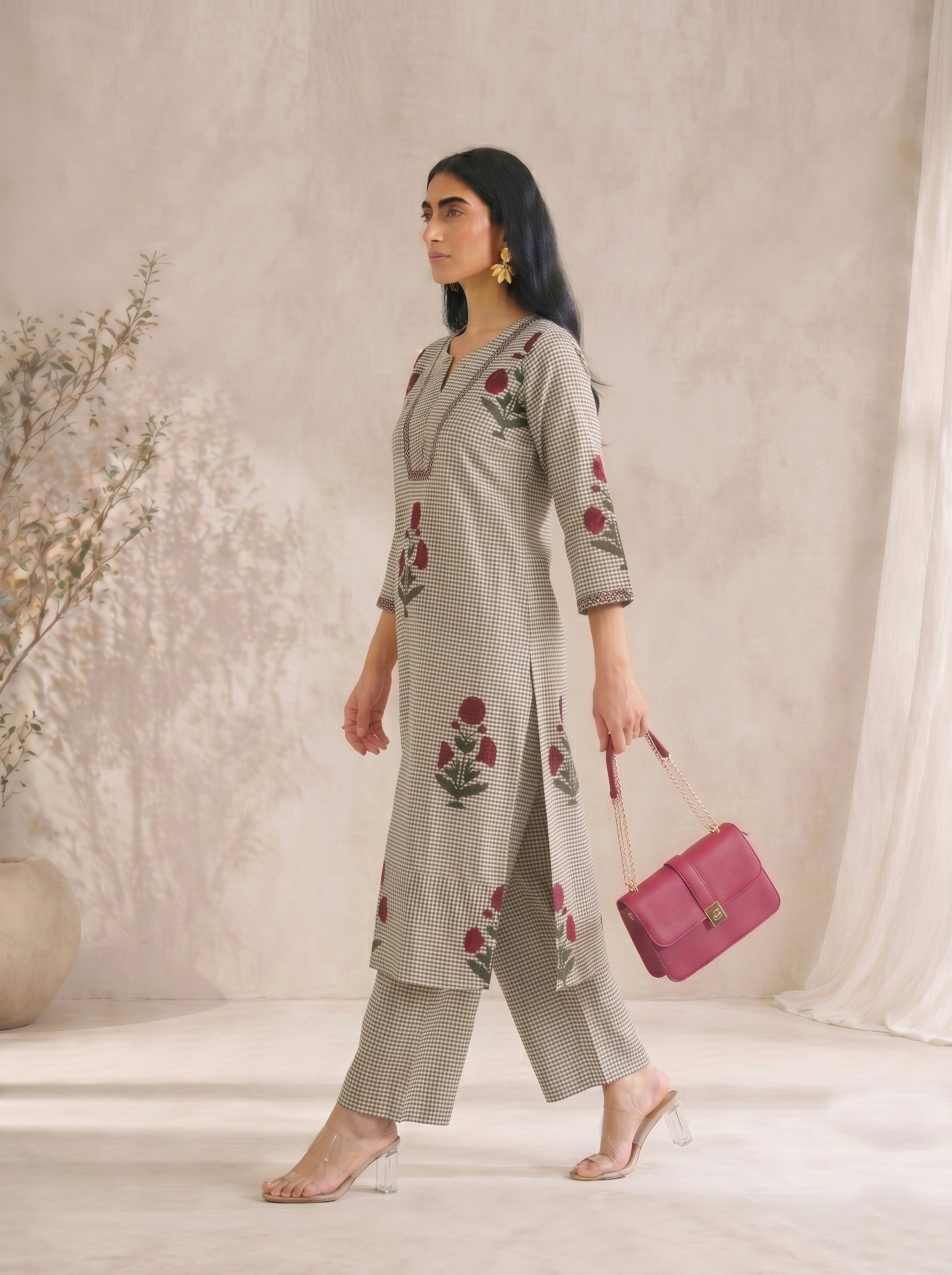 JOYLAND - Grey Checked Red Floral Printed Cotton A-Line Kurta Set with Palazzo.