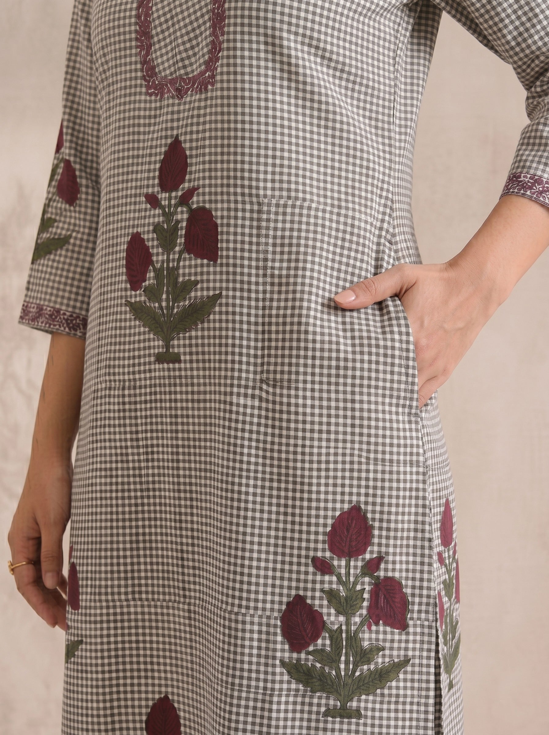 JOYLAND - Grey Checked Red Floral Printed Cotton A-Line Kurta Set with Palazzo.