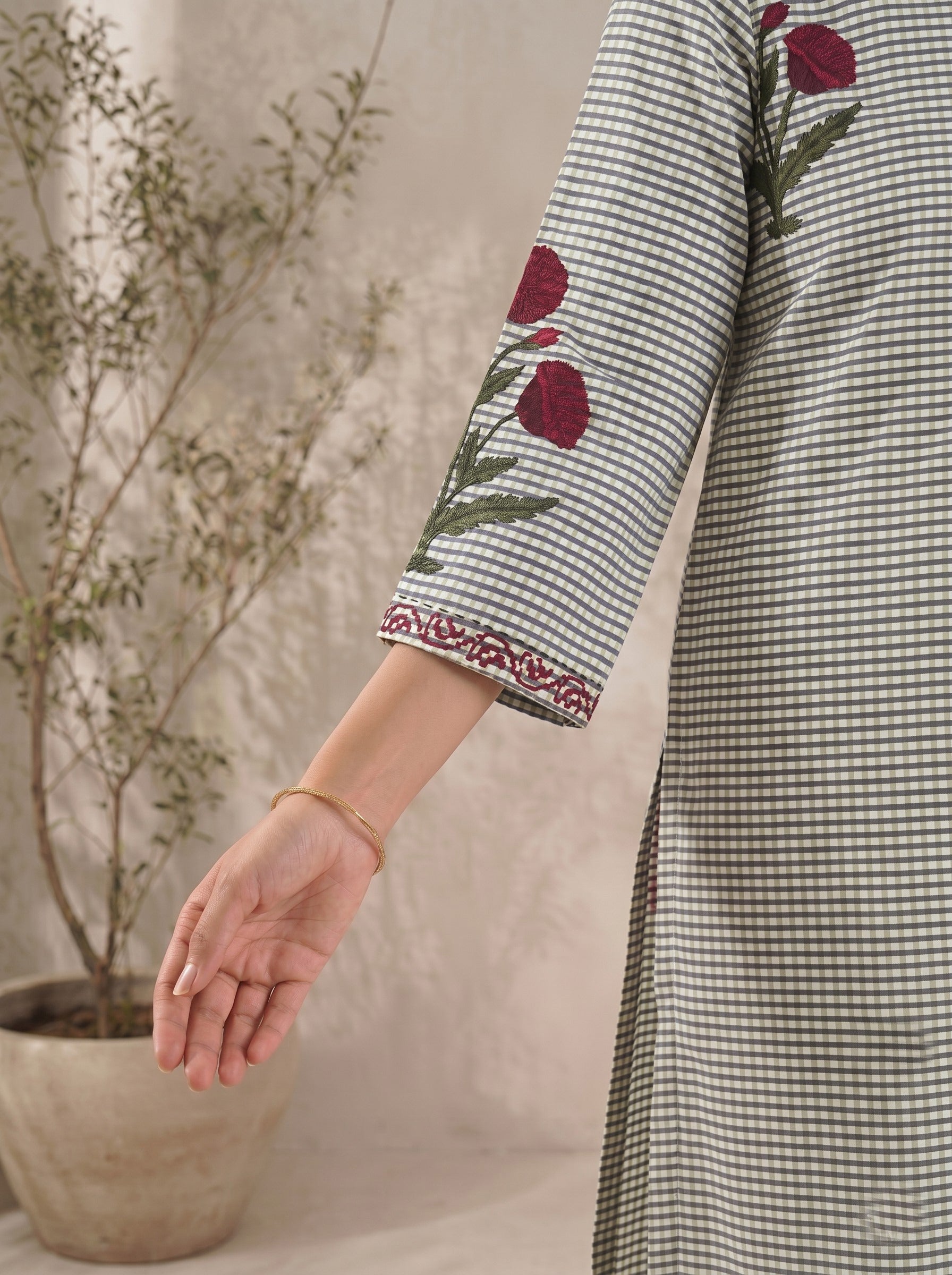 JOYLAND - Grey Checked Red Floral Printed Cotton A-Line Kurta Set with Palazzo.