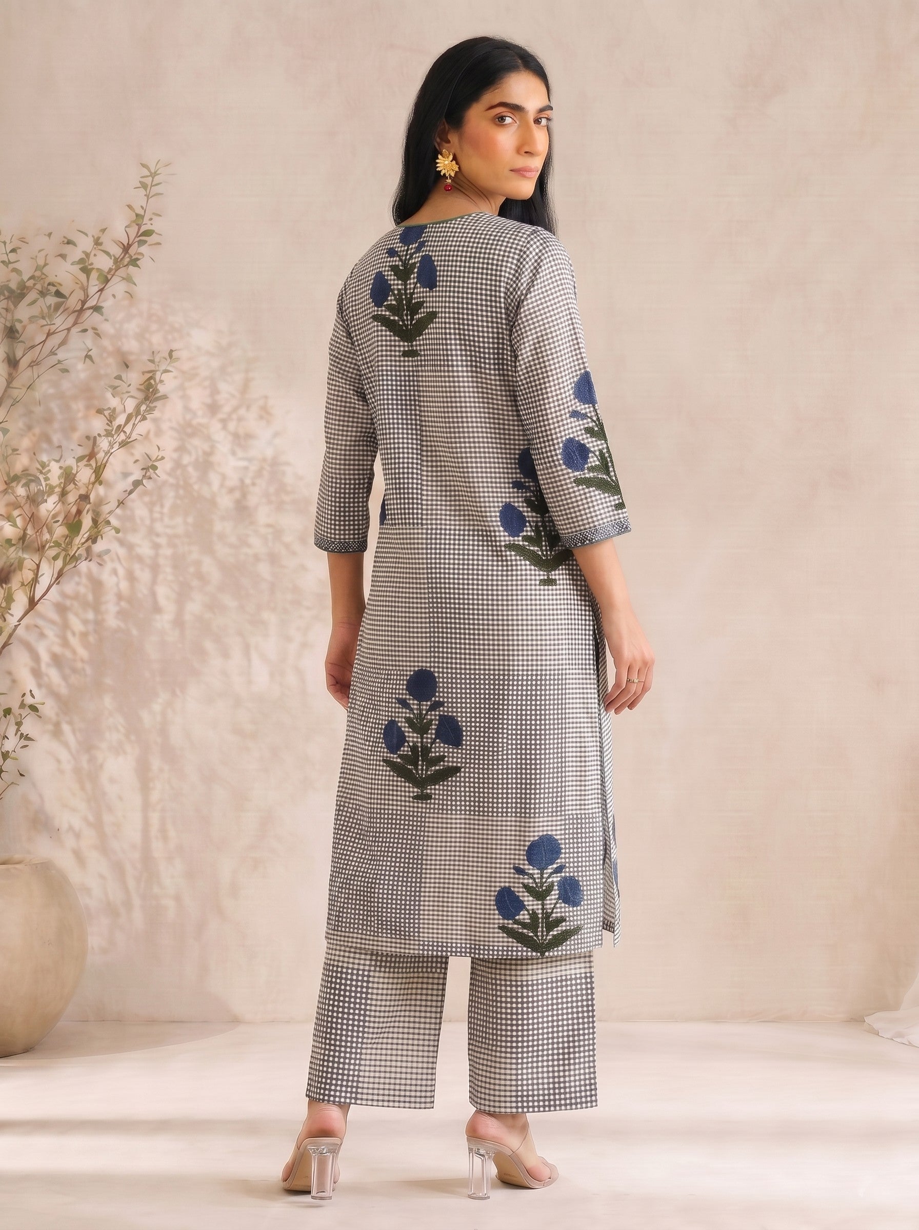 JOYLAND - Grey Checked Blue Floral Printed Cotton A-Line Kurta Set with Palazzo.
