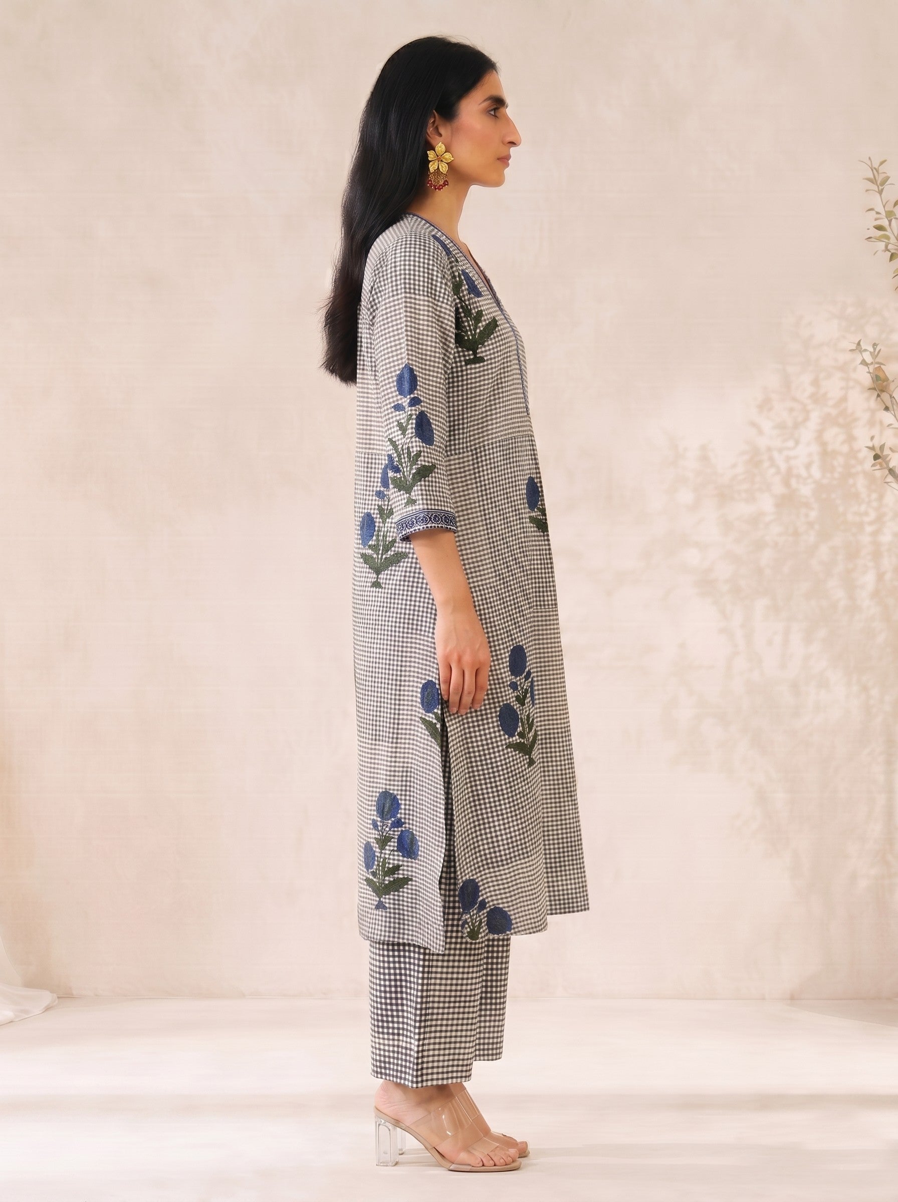 JOYLAND - Grey Checked Blue Floral Printed Cotton A-Line Kurta Set with Palazzo.