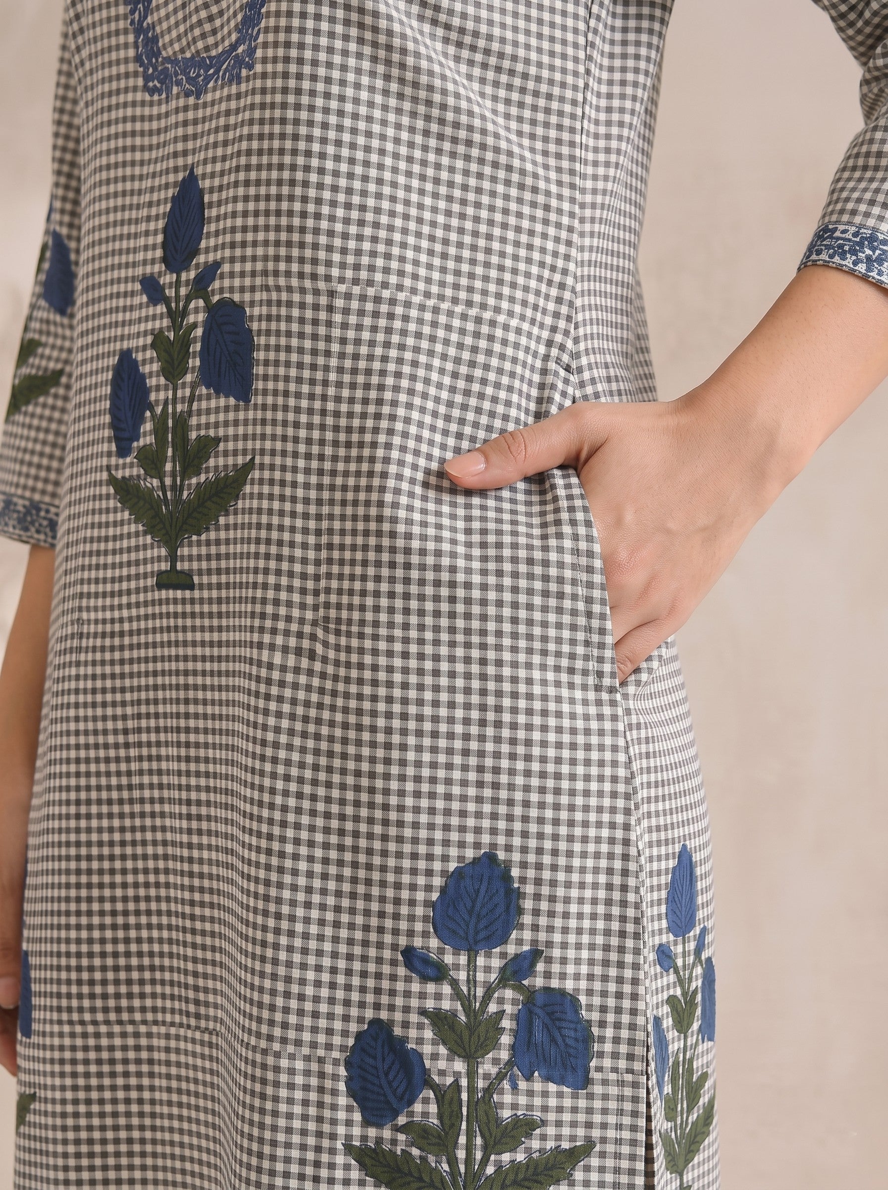 JOYLAND - Grey Checked Blue Floral Printed Cotton A-Line Kurta Set with Palazzo.