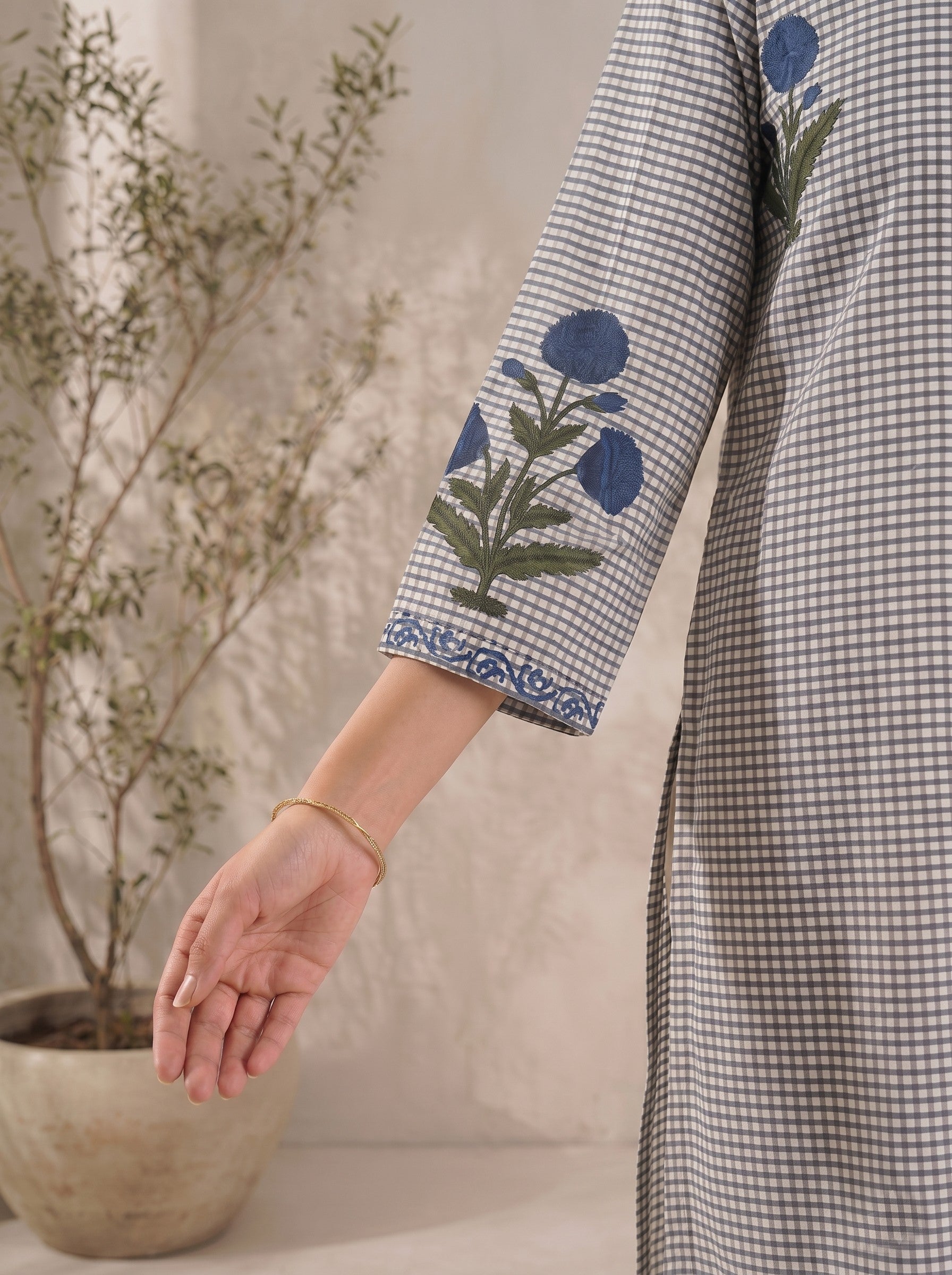 JOYLAND - Grey Checked Blue Floral Printed Cotton A-Line Kurta Set with Palazzo.