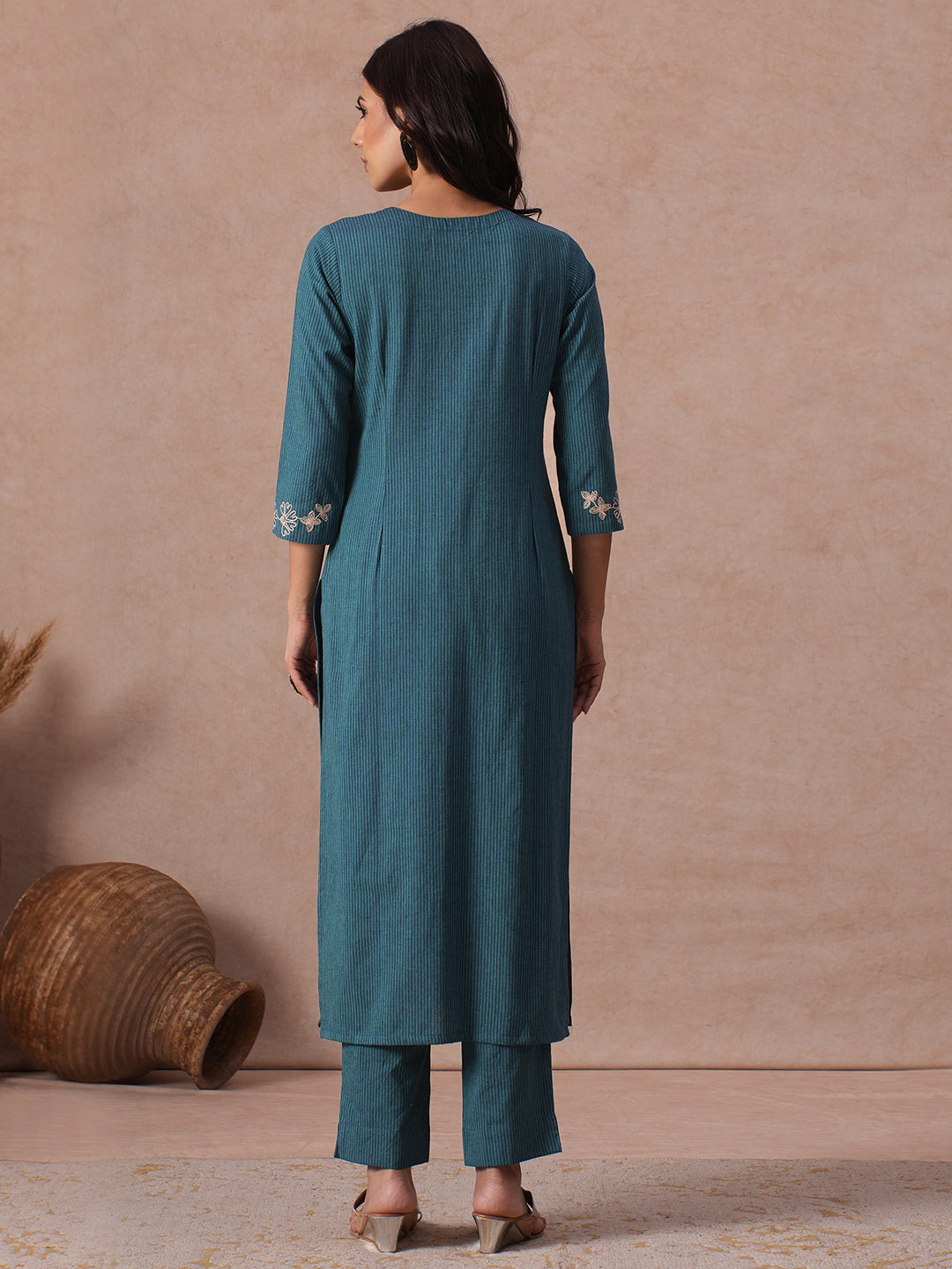 Stripe A-line Cotton Kurta Set with Floral Embroidery on Neckline & Sleeve, Paired with Bottom.