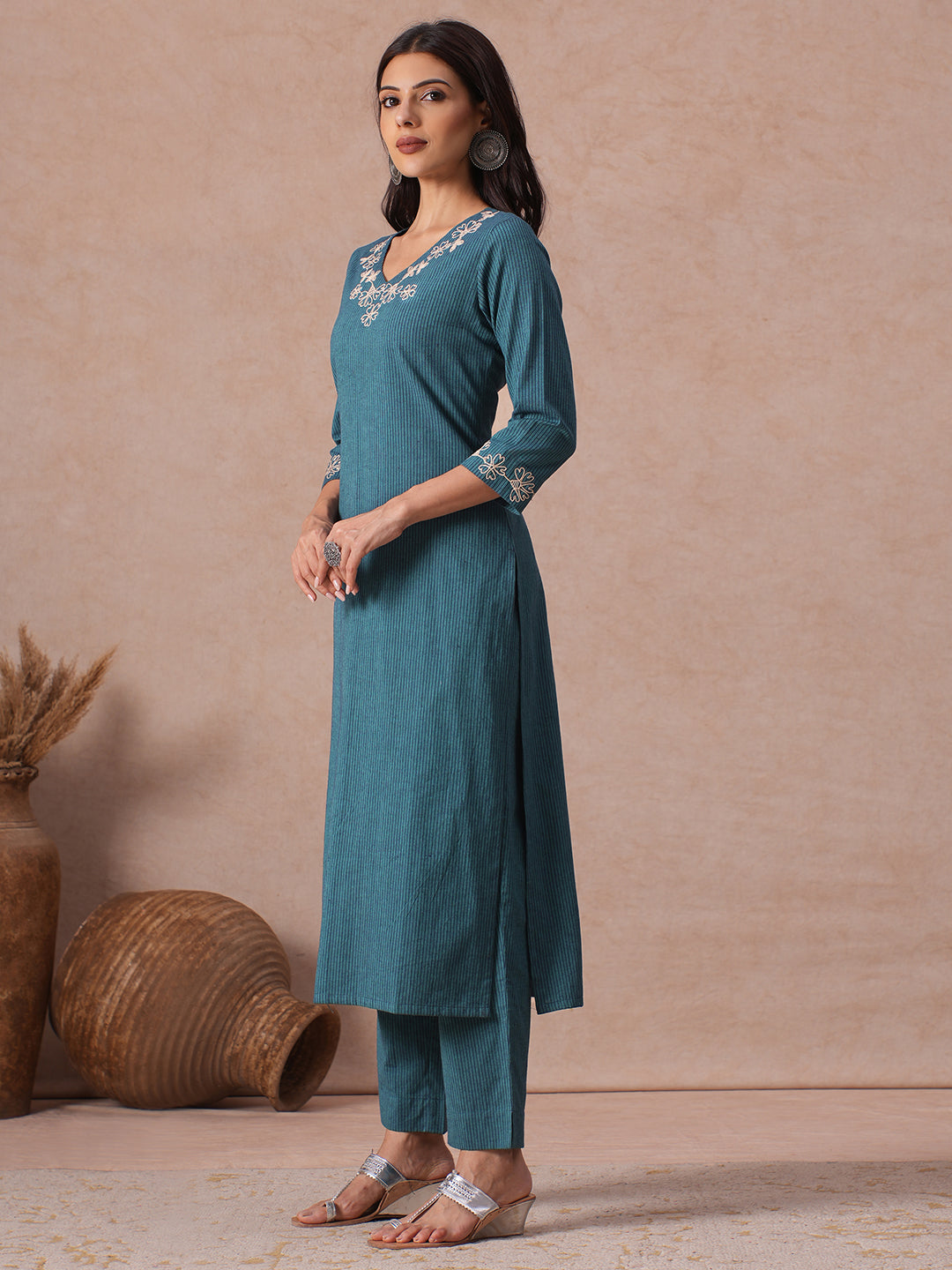 Stripe A-line Cotton Kurta Set with Floral Embroidery on Neckline & Sleeve, Paired with Bottom.