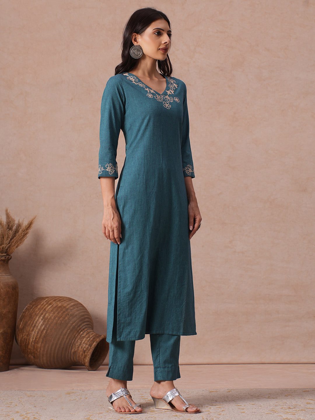 Stripe A-line Cotton Kurta Set with Floral Embroidery on Neckline & Sleeve, Paired with Bottom.