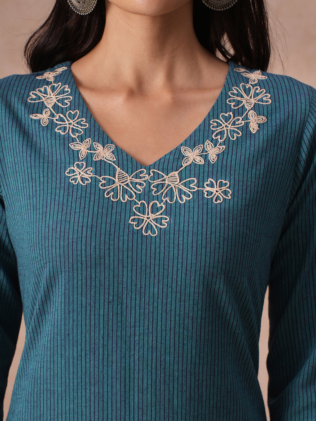 Stripe A-line Cotton Kurta Set with Floral Embroidery on Neckline & Sleeve, Paired with Bottom.