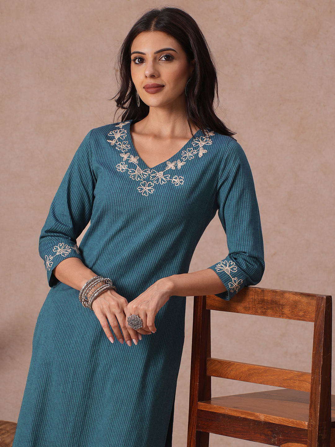 Stripe A-line Cotton Kurta Set with Floral Embroidery on Neckline & Sleeve, Paired with Bottom.