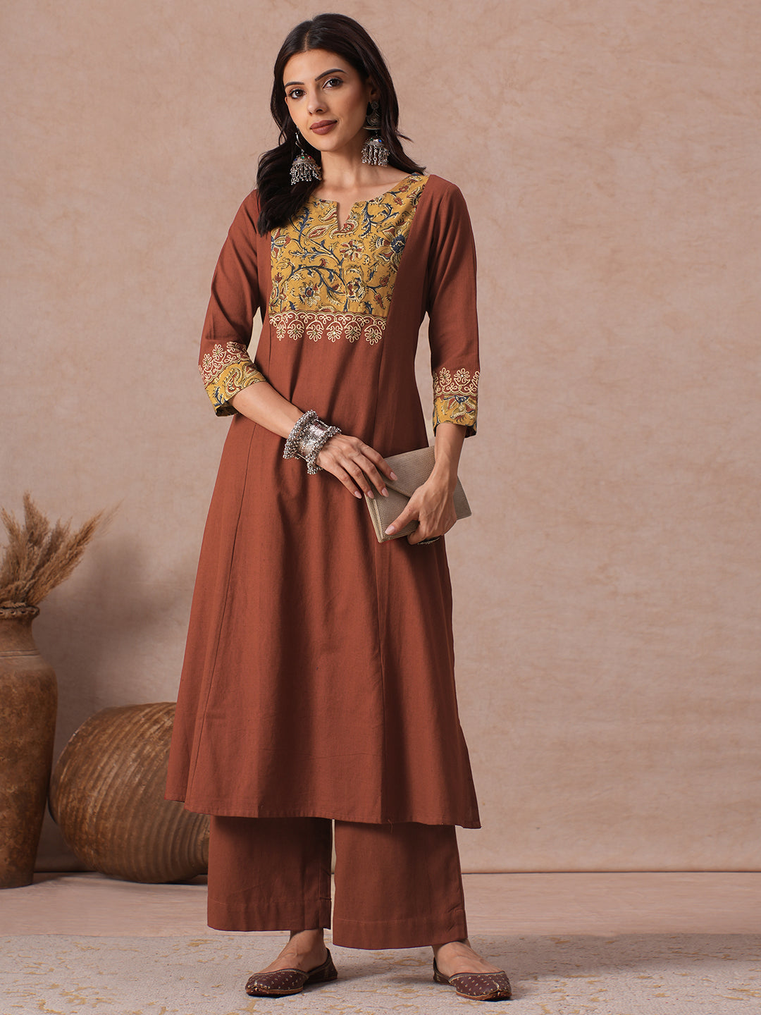 A-Line Cotton Kurta Set with Kalamkari Cutwork Yoke, Cuffs and Cordwork Detail & Solid Palazoo.