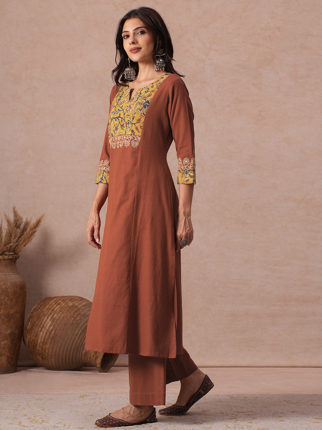 A-Line Cotton Kurta Set with Kalamkari Cutwork Yoke, Cuffs and Cordwork Detail & Solid Palazoo.