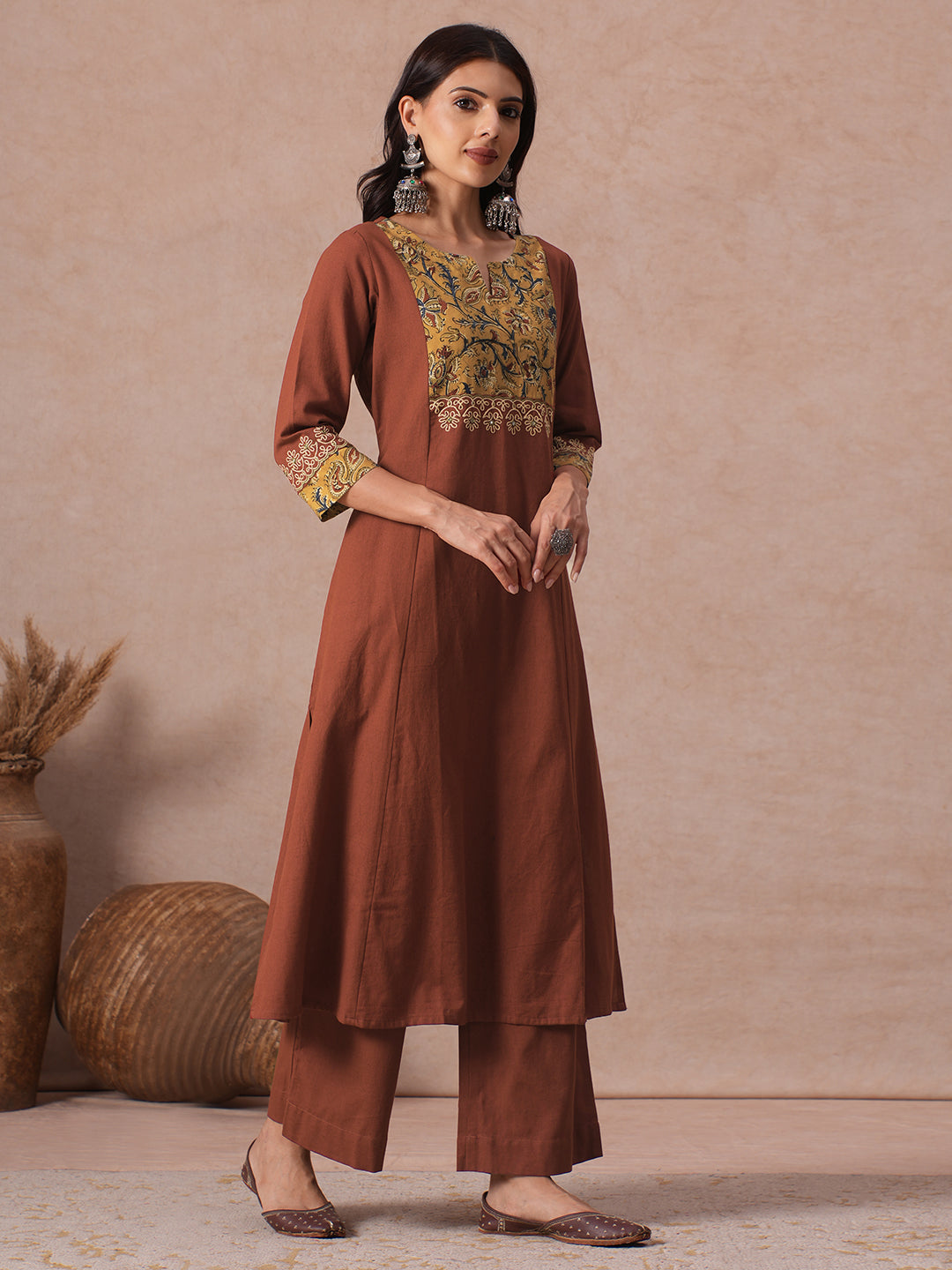 A-Line Cotton Kurta Set with Kalamkari Cutwork Yoke, Cuffs and Cordwork Detail & Solid Palazoo.