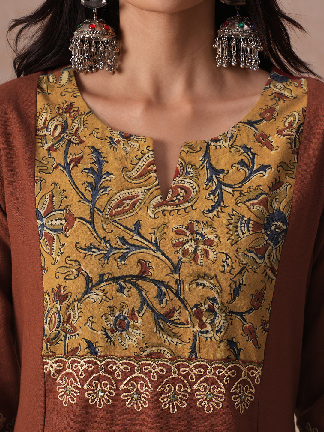 A-Line Cotton Kurta Set with Kalamkari Cutwork Yoke, Cuffs and Cordwork Detail & Solid Palazoo.