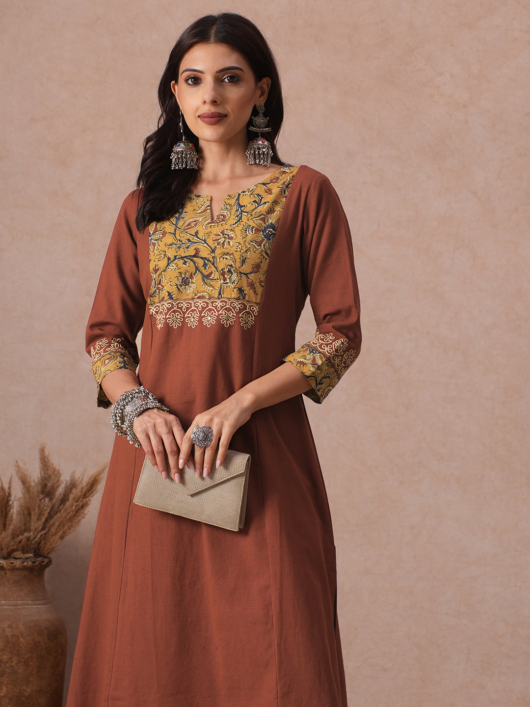 A-Line Cotton Kurta Set with Kalamkari Cutwork Yoke, Cuffs and Cordwork Detail & Solid Palazoo.