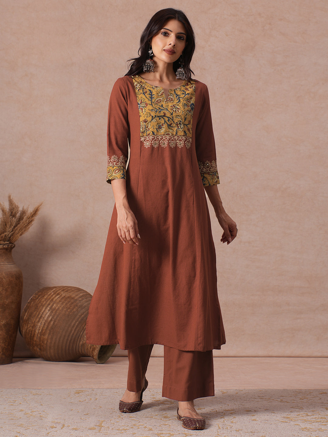 A-Line Cotton Kurta Set with Kalamkari Cutwork Yoke, Cuffs and Cordwork Detail & Solid Palazoo.