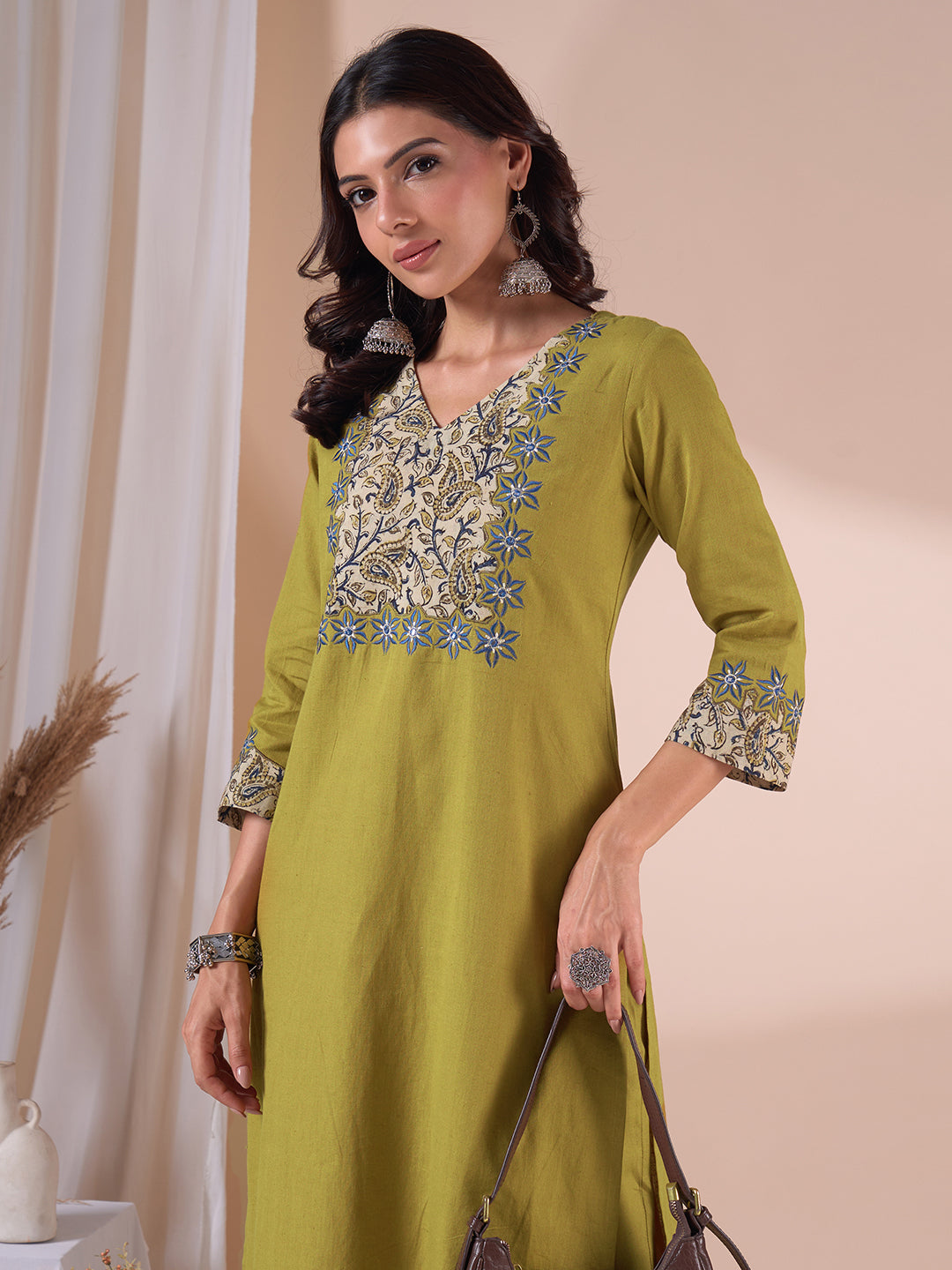 Cotton Straight Fit Kurta Set with Kalamkari Cutwork Yoke and Matching Pants.