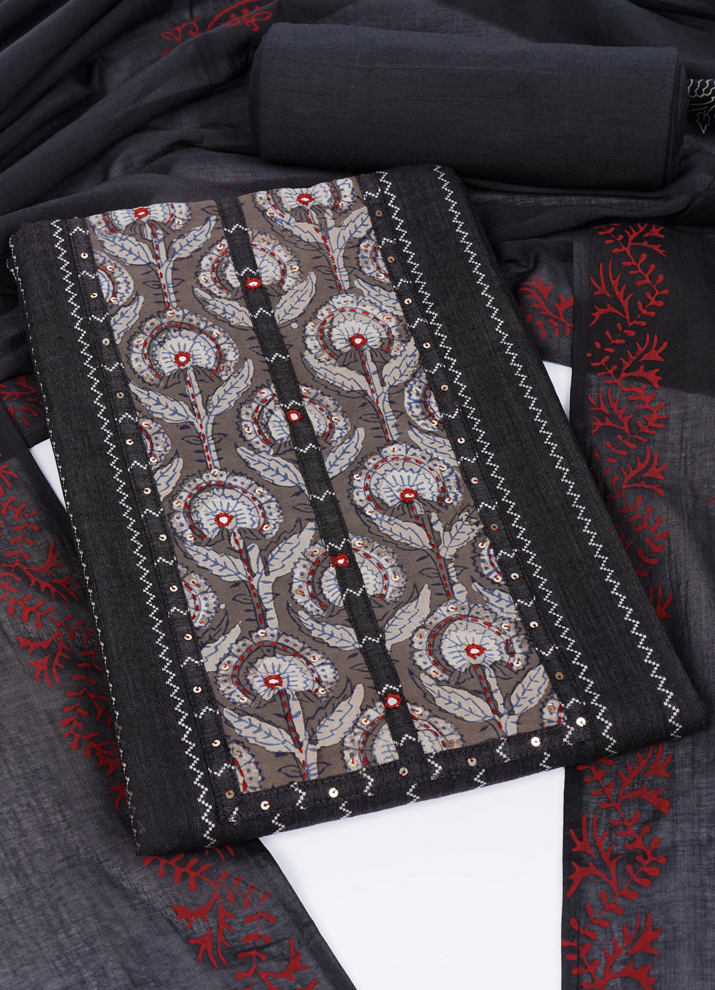 Textured Striped Cotton Dobby Dress Material with Dhabu Print Yoke, Handwork & Printed Dupatta.(Grey)