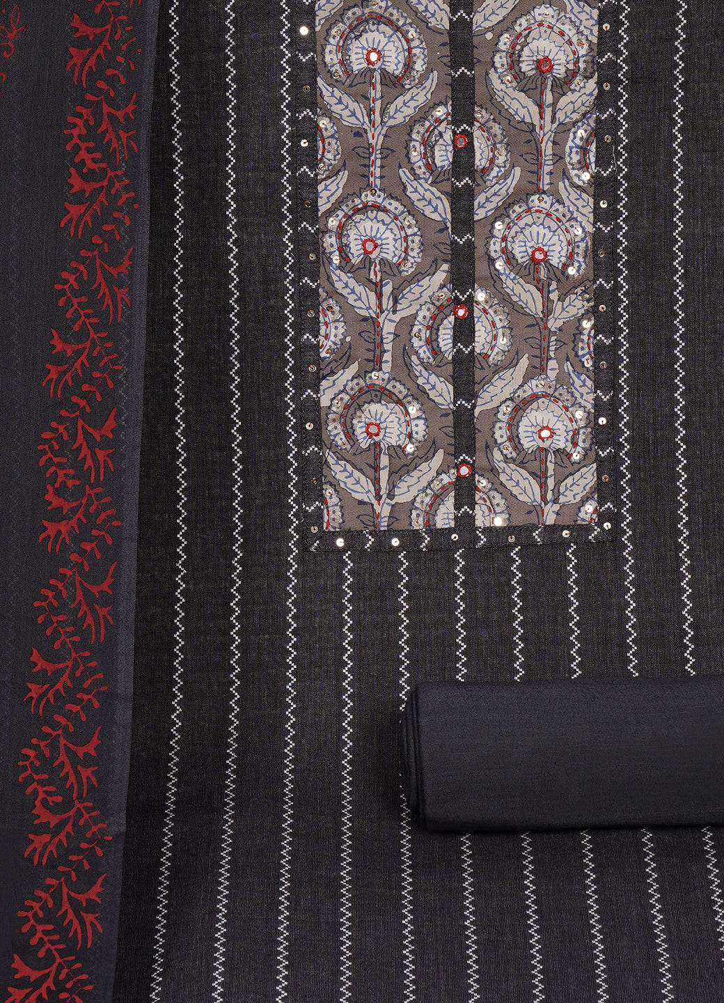 Textured Striped Cotton Dobby Dress Material with Dhabu Print Yoke, Handwork & Printed Dupatta.(Grey)