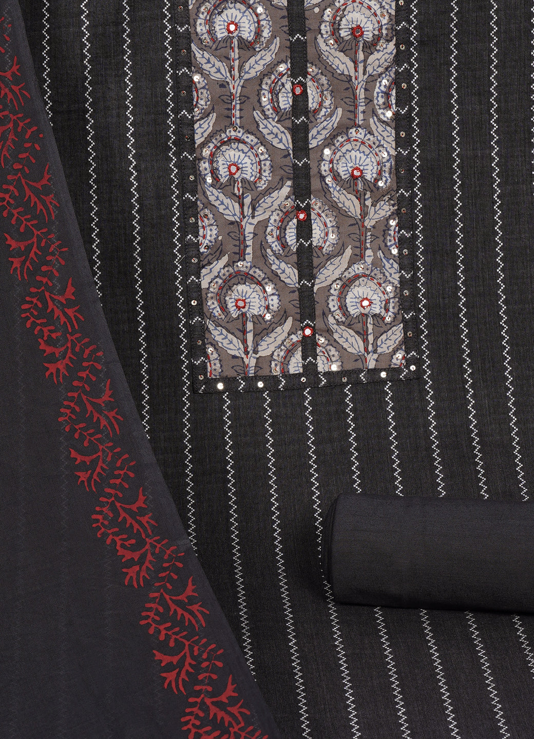 Textured Striped Cotton Dobby Dress Material with Dhabu Print Yoke, Handwork & Printed Dupatta.(Grey)