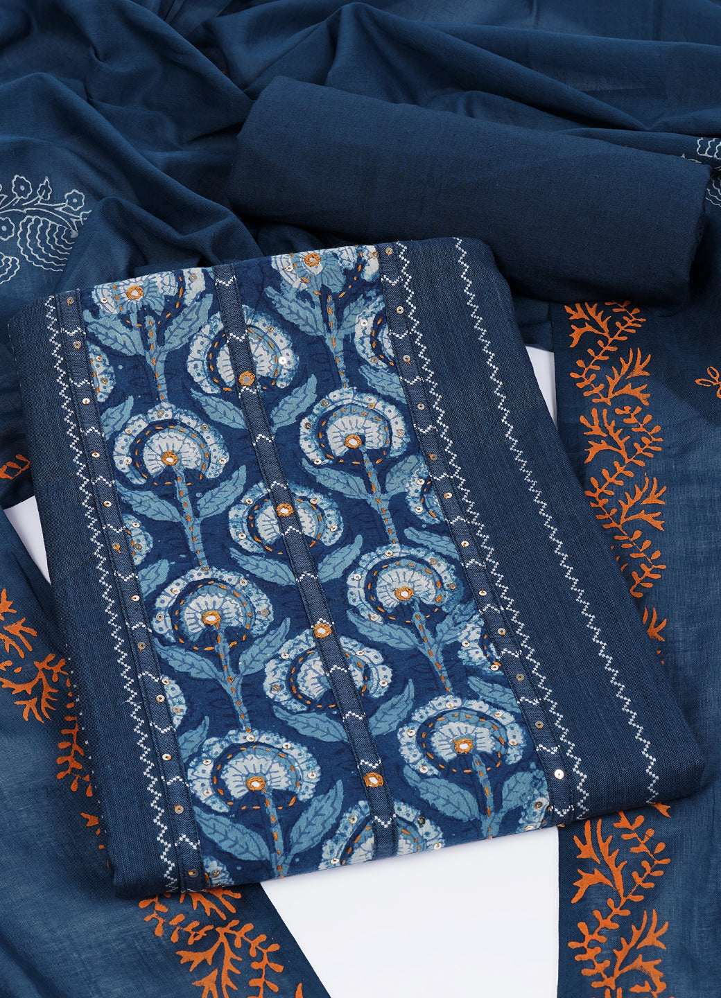 Textured Striped Cotton Dobby Dress Material with Dhabu Print Yoke, Handwork & Printed Dupatta.(Blue)