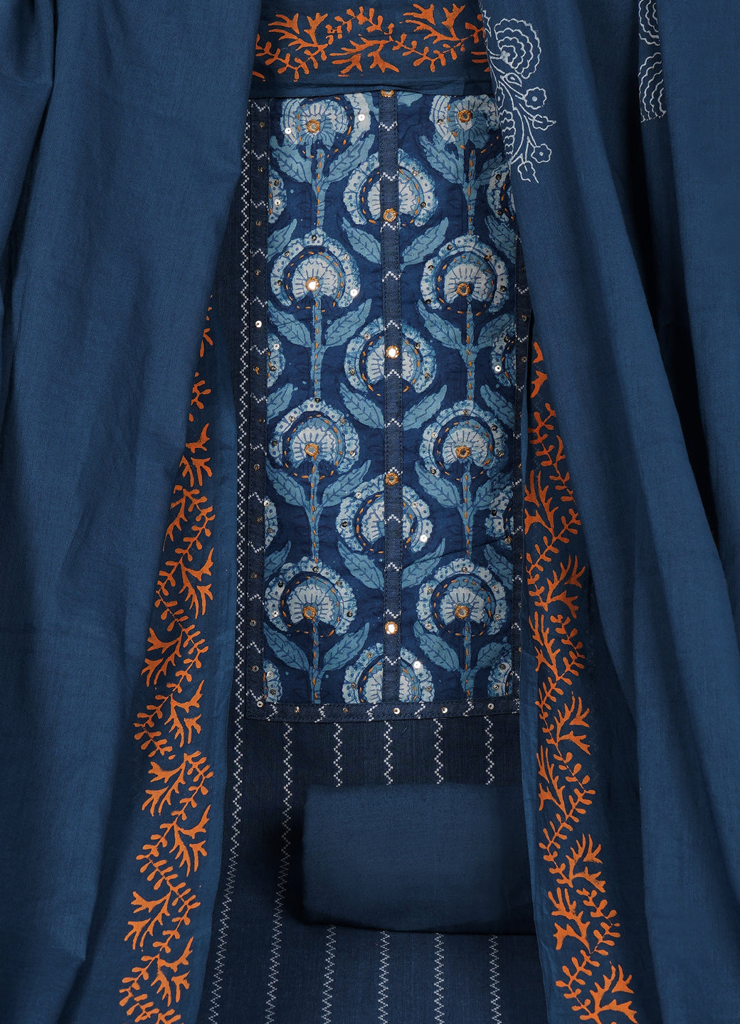 Textured Striped Cotton Dobby Dress Material with Dhabu Print Yoke, Handwork & Printed Dupatta.(Blue)