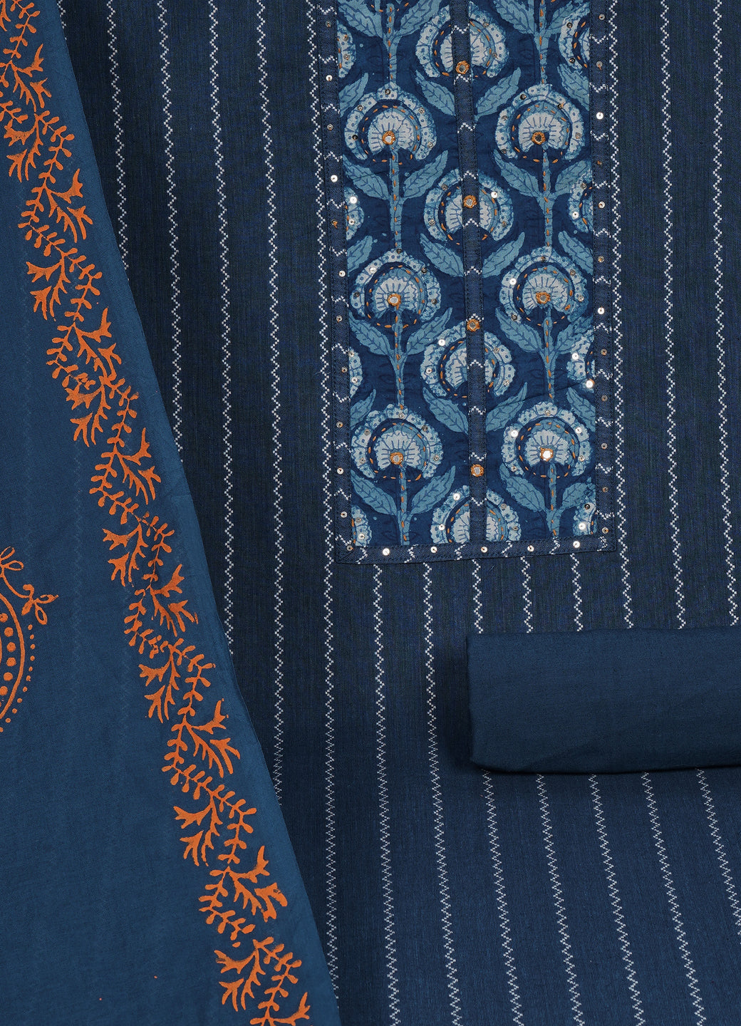 Textured Striped Cotton Dobby Dress Material with Dhabu Print Yoke, Handwork & Printed Dupatta.(Blue)