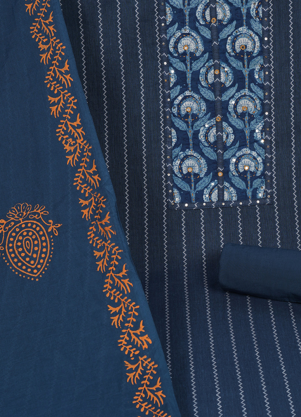 Textured Striped Cotton Dobby Dress Material with Dhabu Print Yoke, Handwork & Printed Dupatta.(Blue)