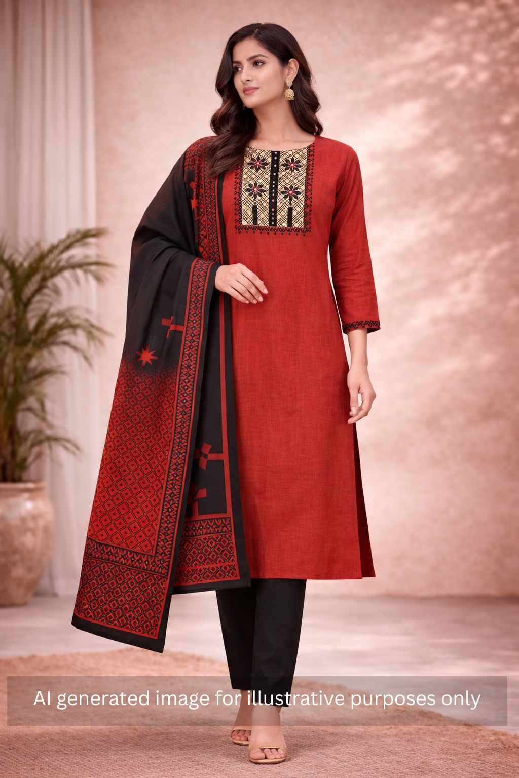 Printed dress material with Contrast Yoke and Dual-Tone Dupatta.(Rust)