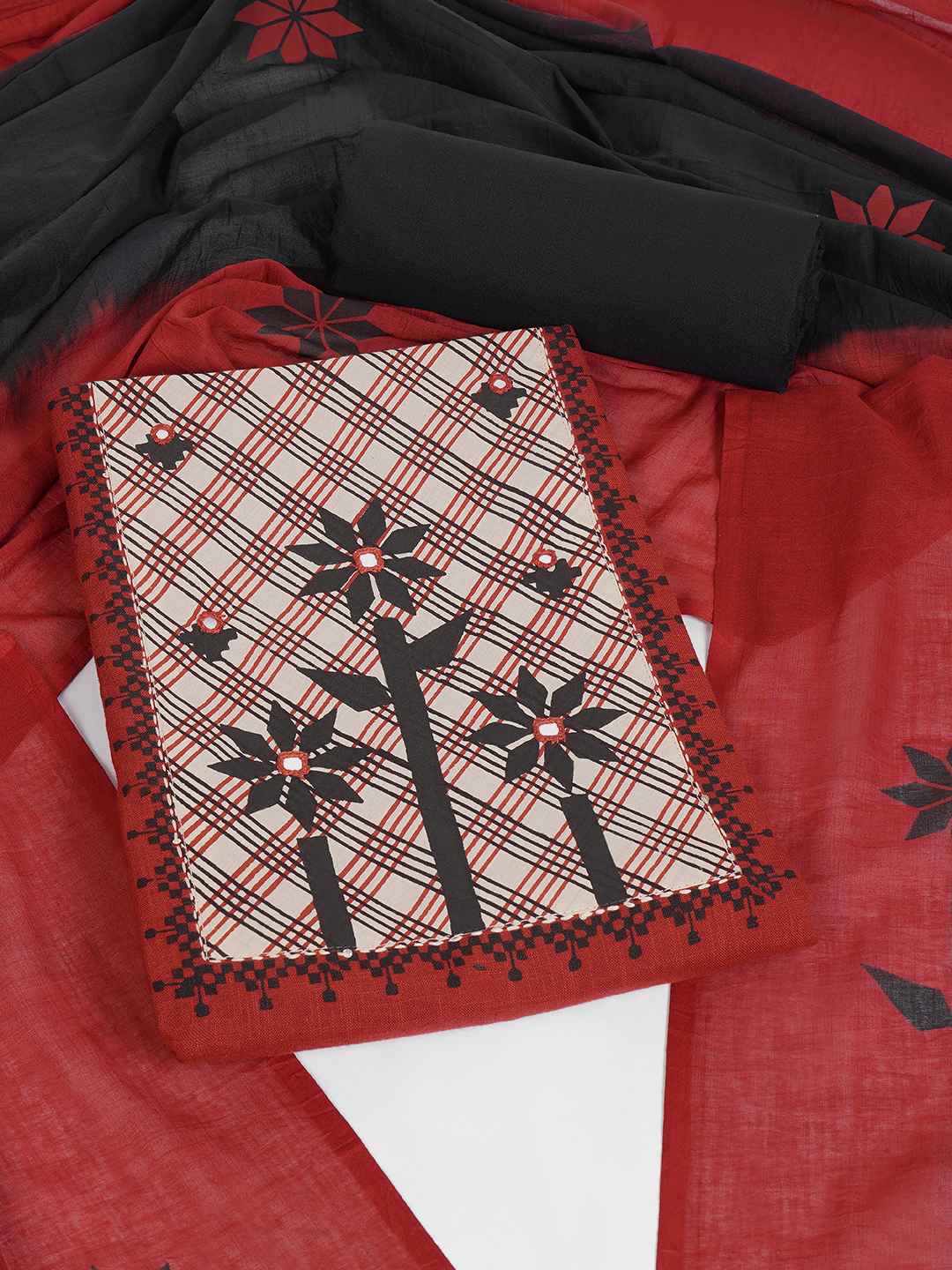 Printed dress material with Contrast Yoke and Dual-Tone Dupatta.(Rust)