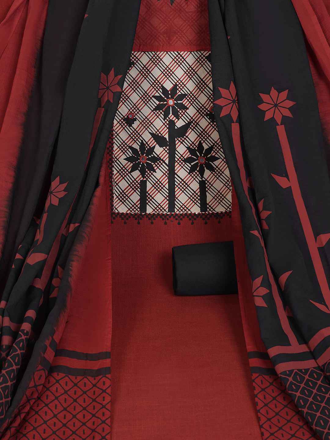 Printed dress material with Contrast Yoke and Dual-Tone Dupatta.(Rust)