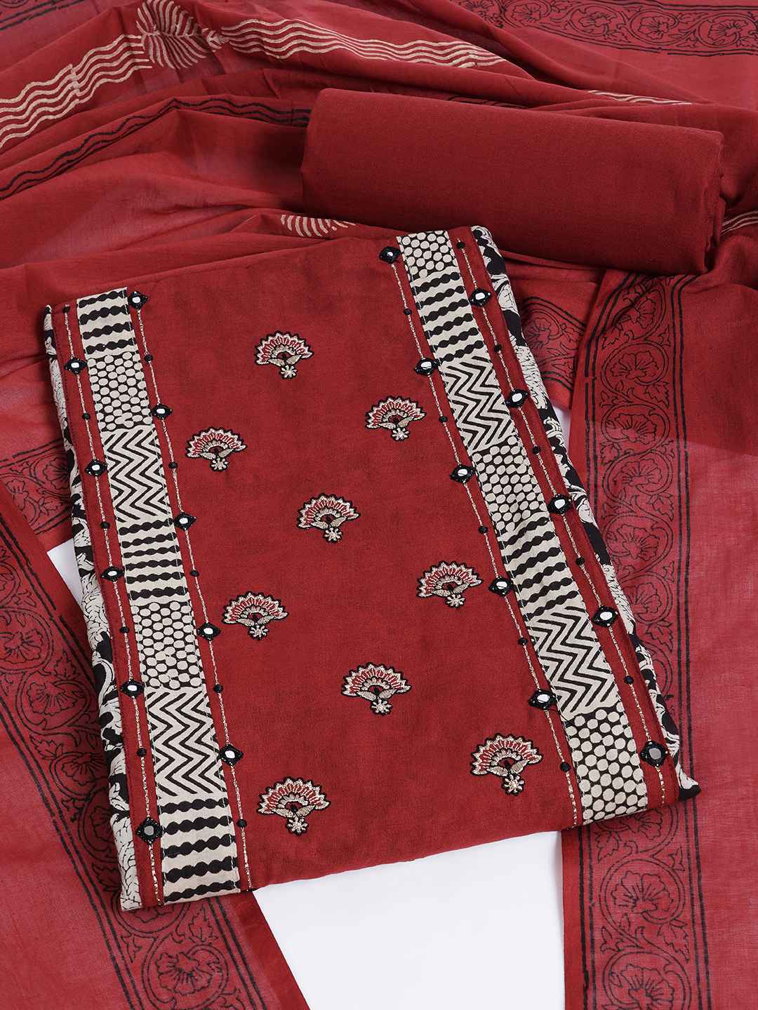 Bagru Floral Printed Dress Material with Embroidered Yoke.(Rust)