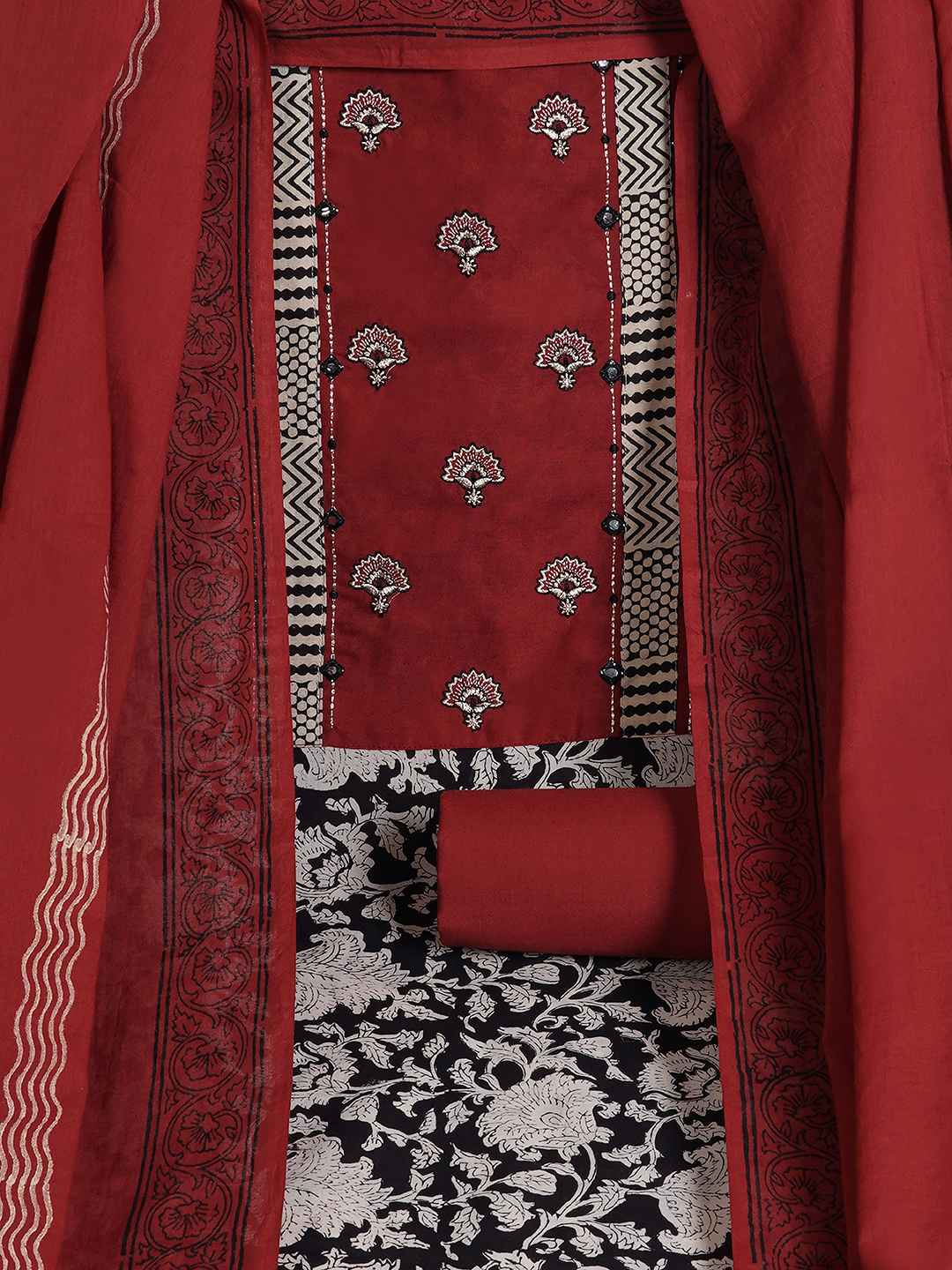 Bagru Floral Printed Dress Material with Embroidered Yoke.(Rust)