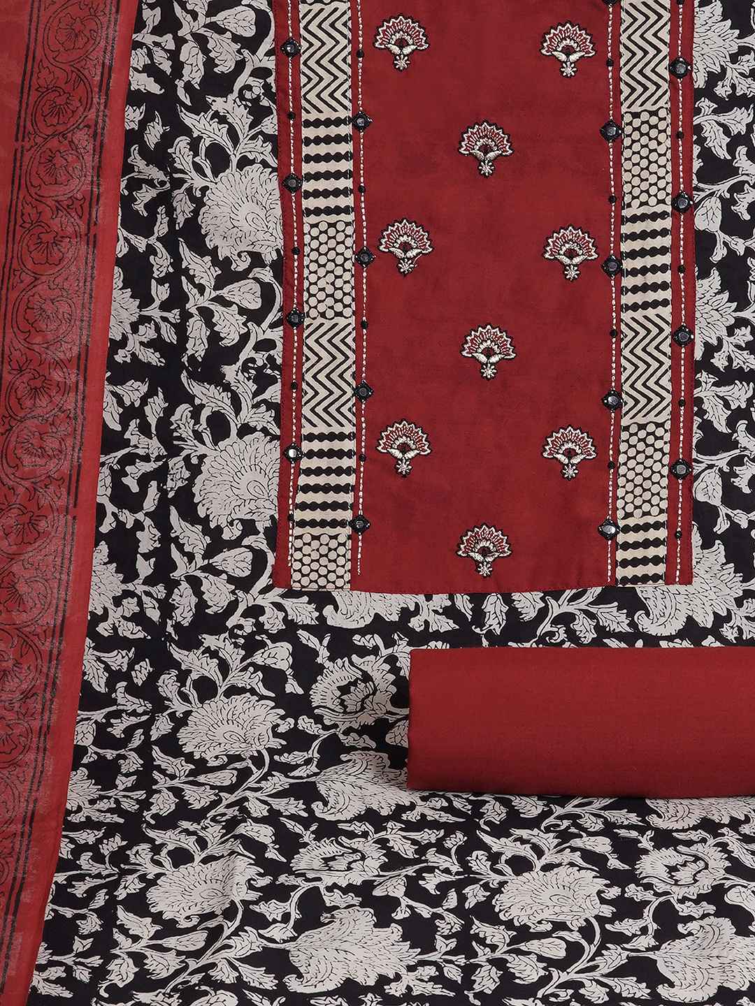 Bagru Floral Printed Dress Material with Embroidered Yoke.(Rust)