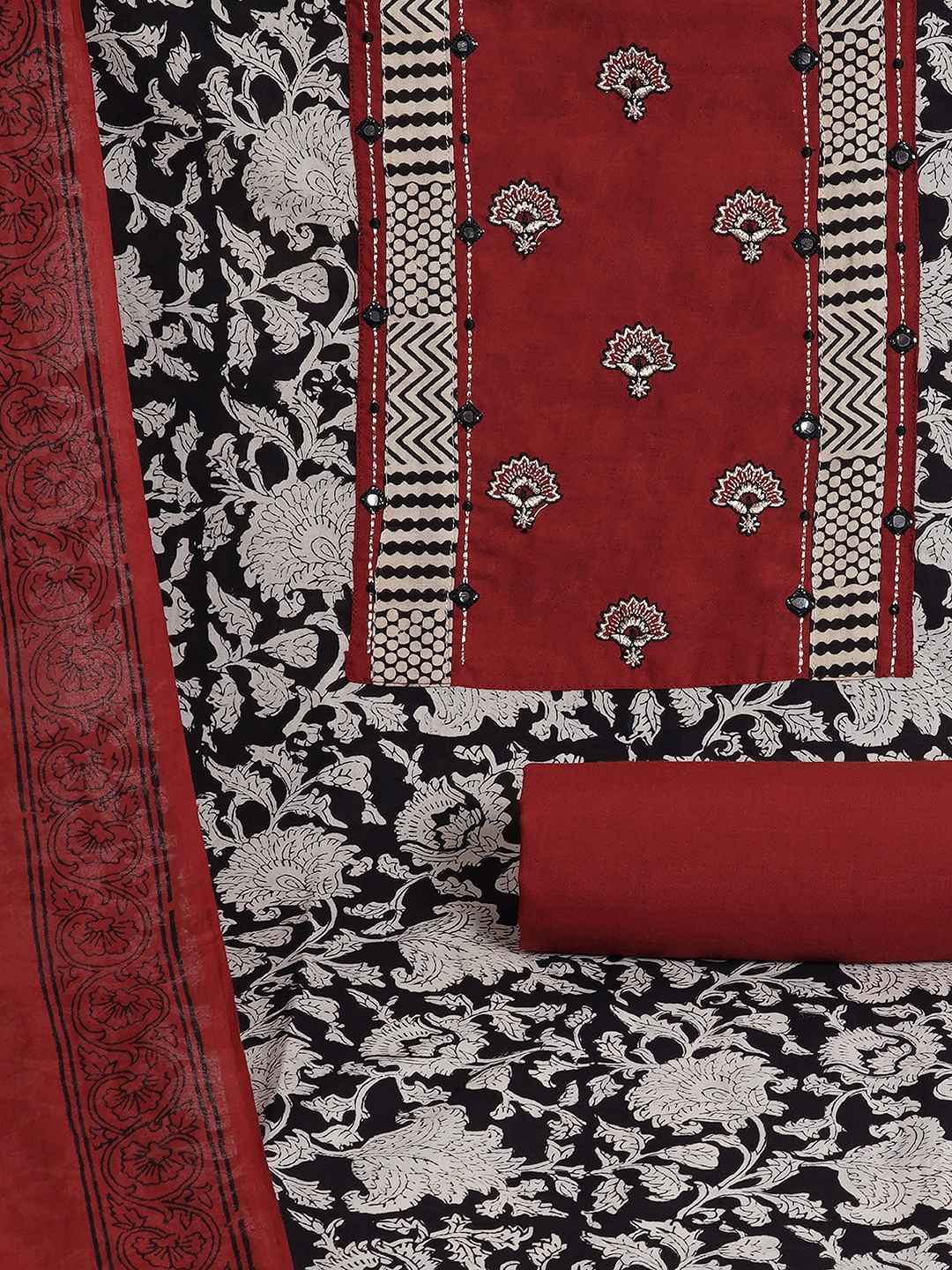 Bagru Floral Printed Dress Material with Embroidered Yoke.(Rust)