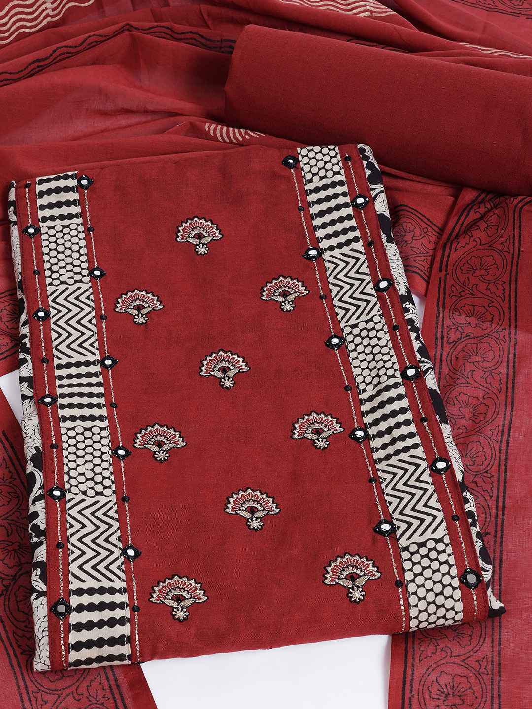 Bagru Floral Printed Dress Material with Embroidered Yoke.(Rust)