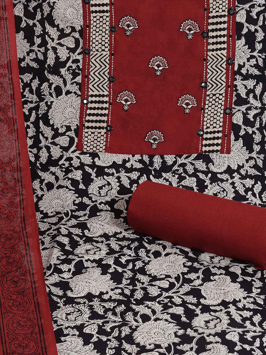Bagru Floral Printed Dress Material with Embroidered Yoke.(Rust)