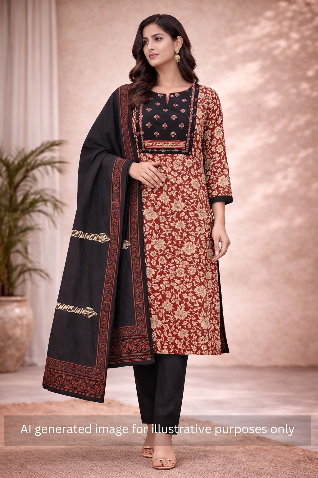 Bagru Floral Printed Dress Material with Embroidered Yoke.(Black)