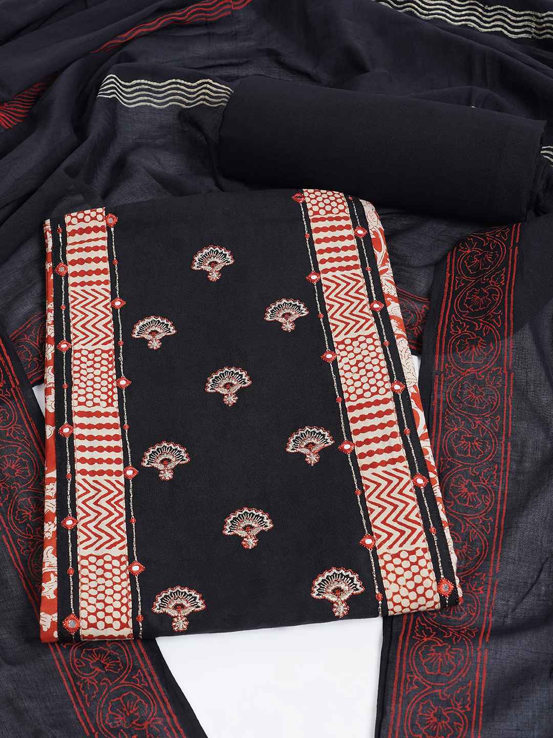 Bagru Floral Printed Dress Material with Embroidered Yoke.(Black)