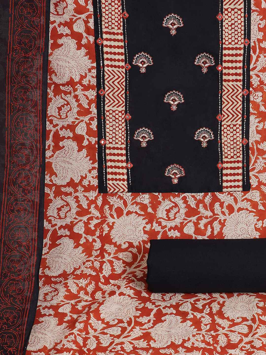Bagru Floral Printed Dress Material with Embroidered Yoke.(Black)